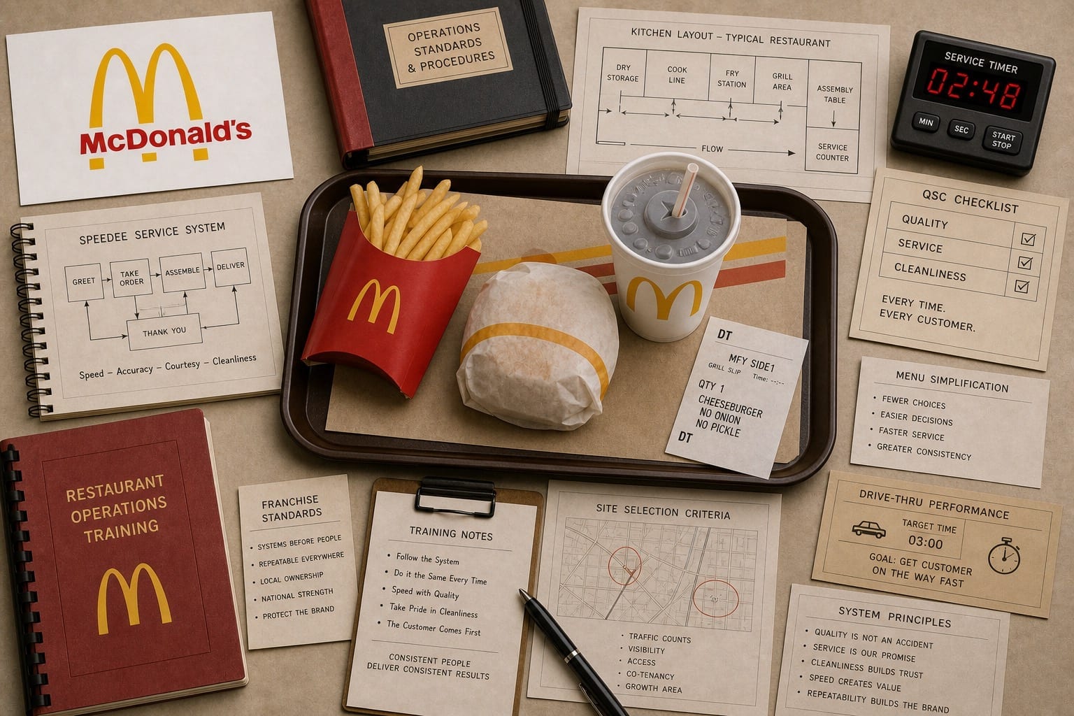 Premium editorial still-life of a McDonald's service-system case with a McDonald's source-mark card, burger and fries tray, Speedee Service System sheet, kitchen layout, service timer, QSC checklist, franchise standards notes, restaurant operations training binder, drive-thru performance card, and site-selection map