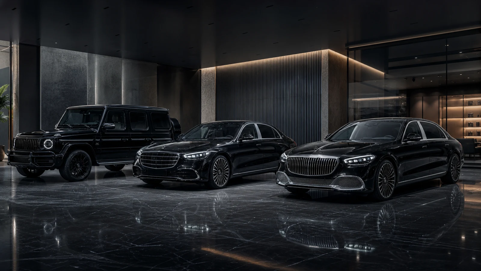 AI-generated conceptual luxury showroom with three dark vehicle forms in one controlled retail environment.