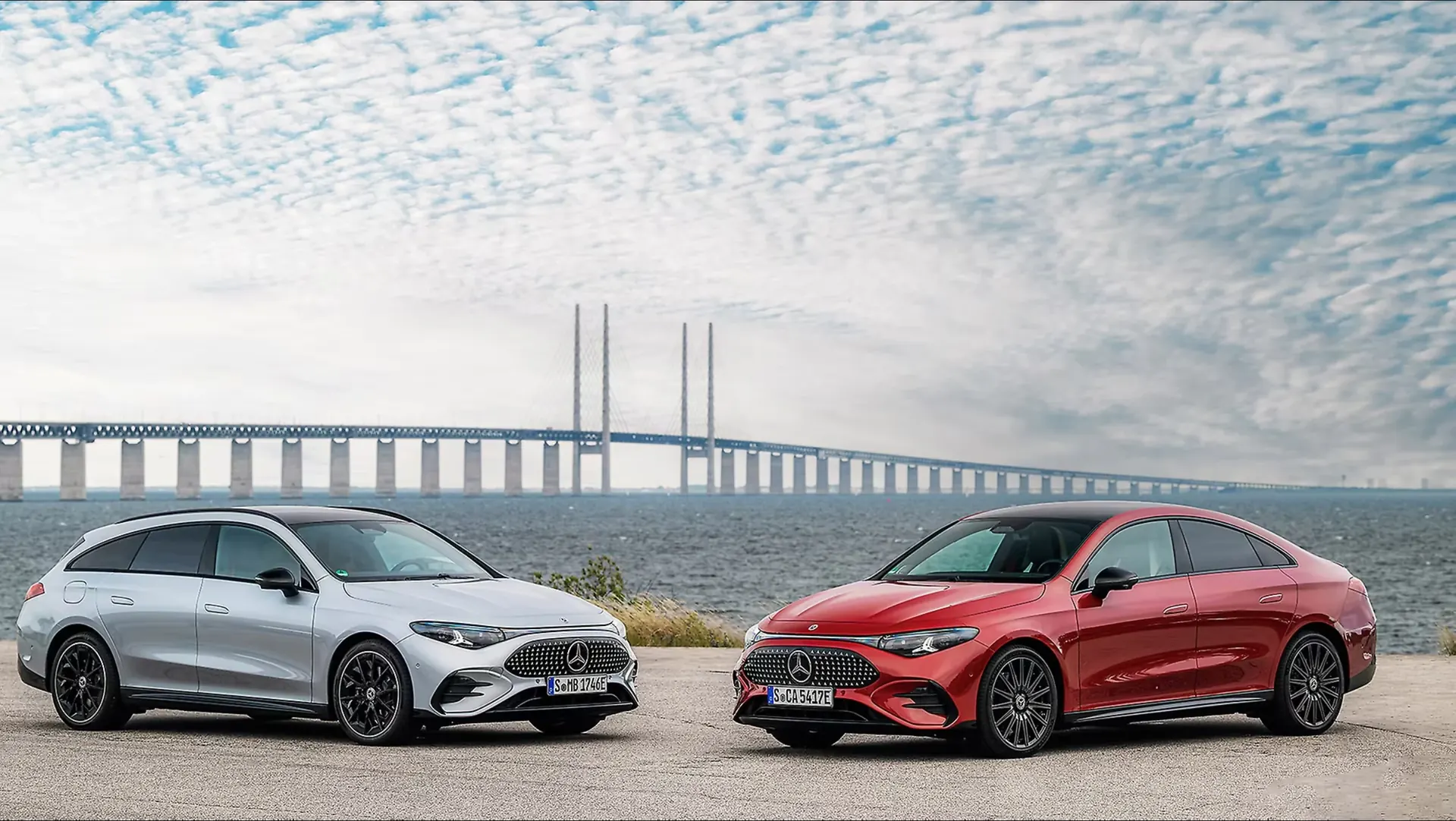 Official Mercedes-Benz image of the electric CLA and CLA Shooting Brake beside the Oresund Bridge.