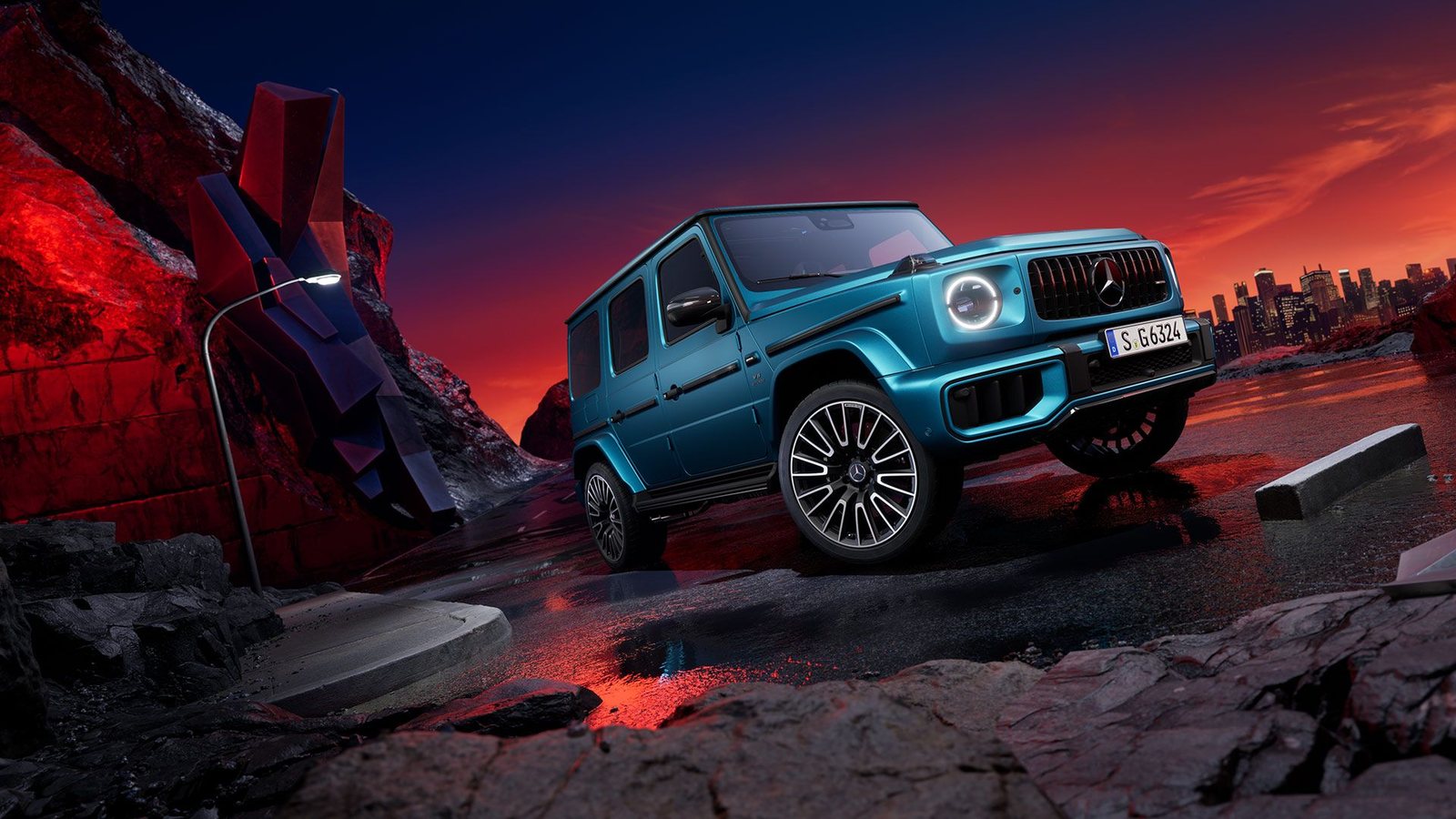 Official Mercedes-AMG G 63 editorial scene showing the upright G-Class form, premium lighting, and three-pointed star.