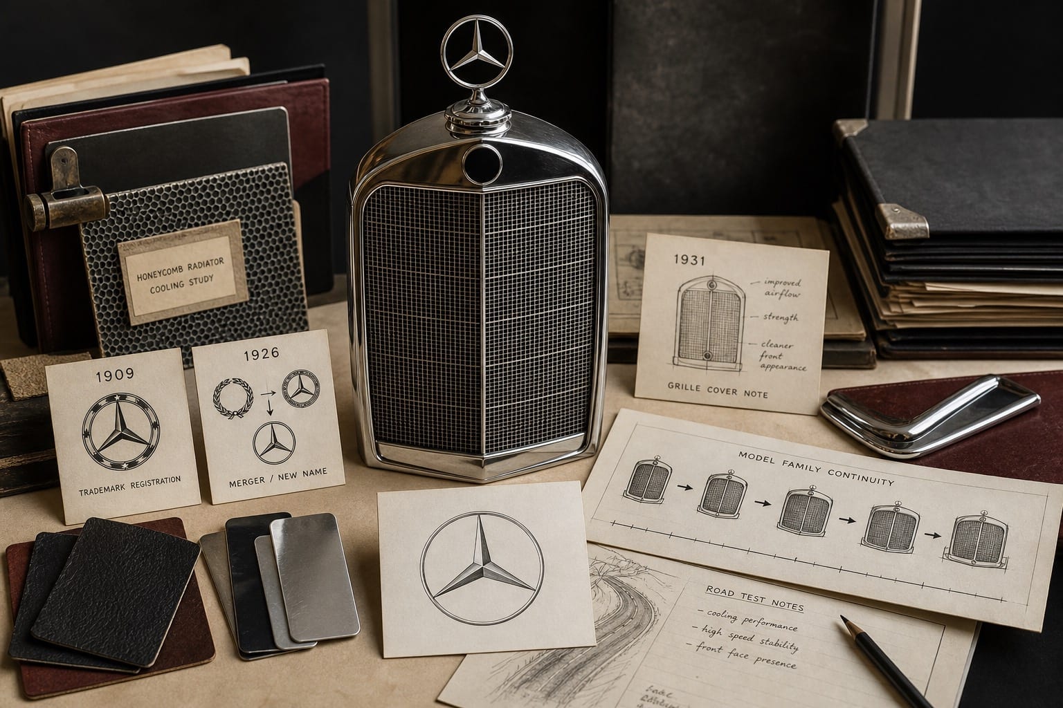 Premium editorial still-life of a Mercedes-Benz three-pointed star engineering case with star source-mark card, upright radiator grille study, silver and black material swatches, 1909 card, 1926 card, 1931 grille note, and model-family continuity diagram