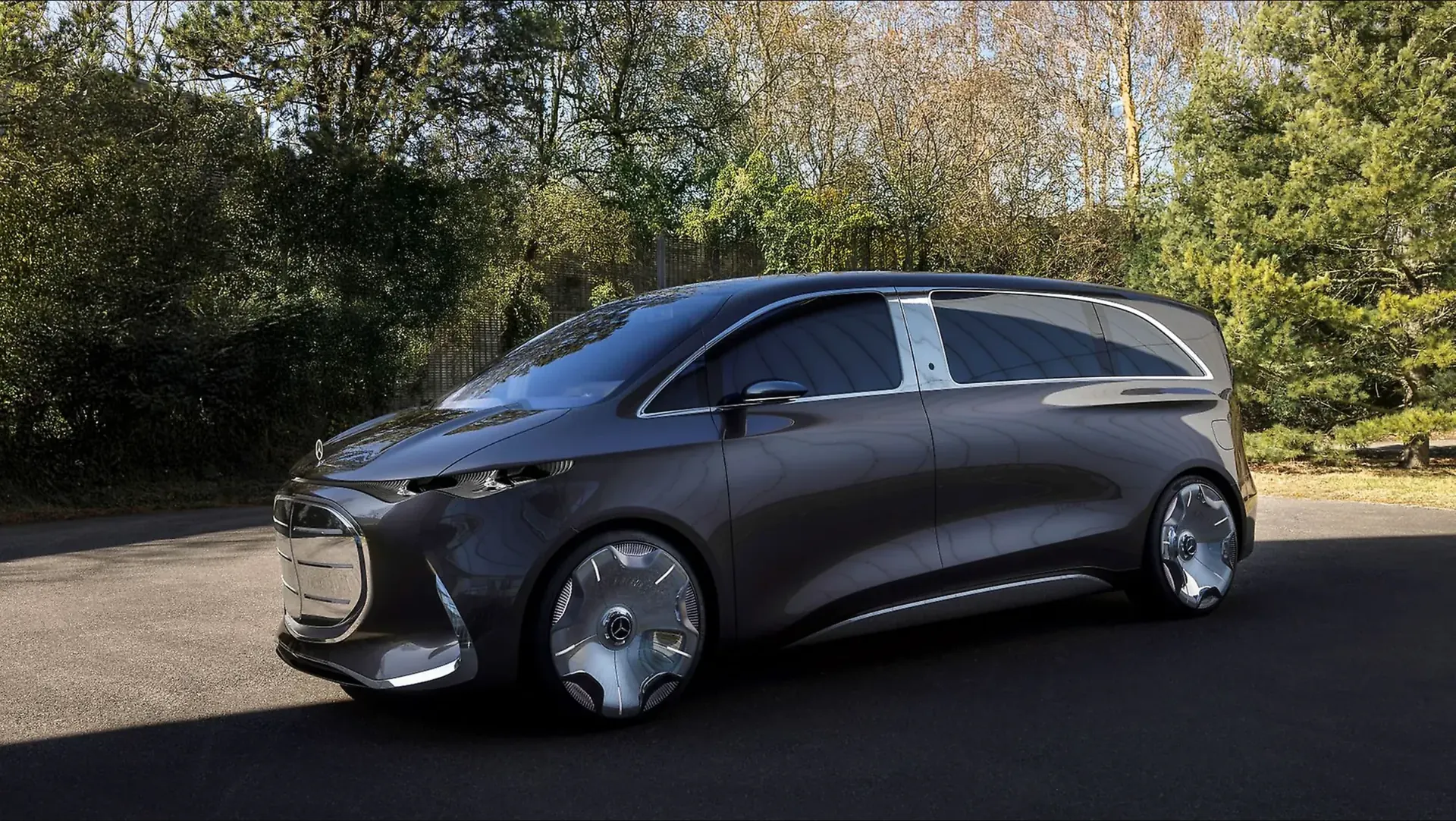 Official Mercedes-Benz Vision V image showing the private-van architecture in a dark premium exterior scene.