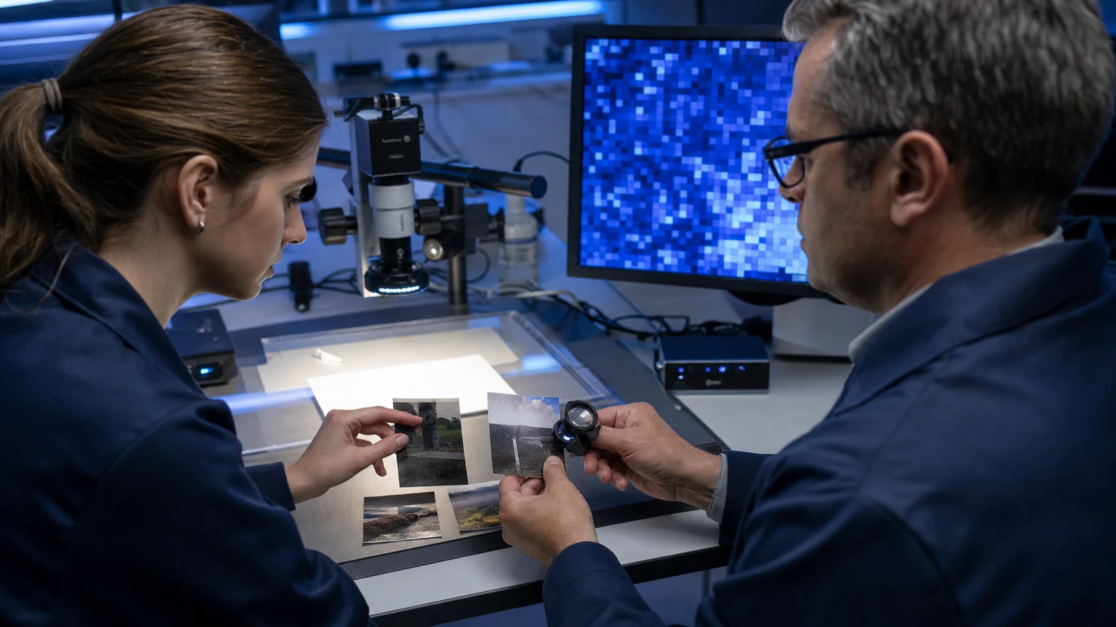 Content-authenticity researchers comparing cropped printed photographs in an image-forensics lab.