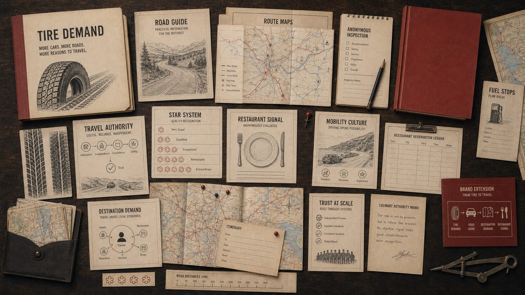 Premium editorial still-life of a Michelin travel authority case board with generic tire tread strips, road guide files, route maps, anonymous inspection notebook, star system card, restaurant signal sheet, destination-demand chart, mobility culture notes, red guidebook-inspired blank covers, and brand extension diagram