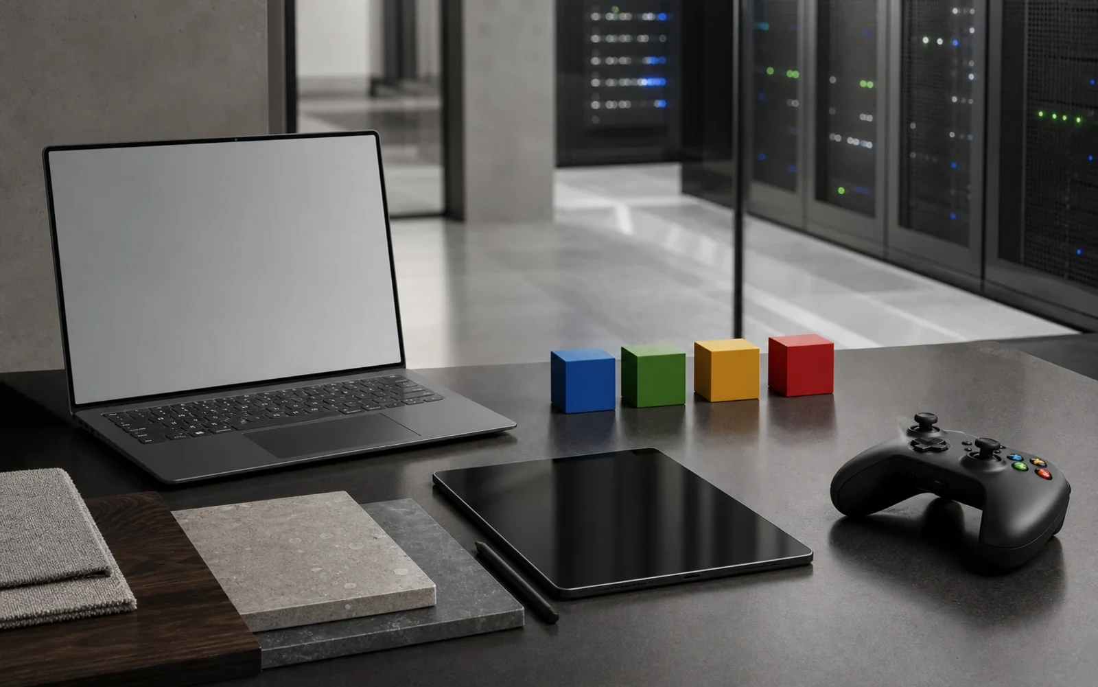 Editorial Microsoft portfolio composition with workplace devices, gaming hardware, cloud infrastructure, and the four-color company cue.