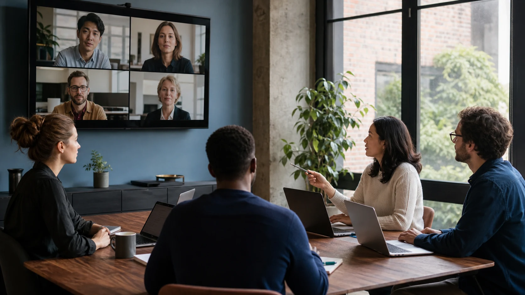 A cross-functional workplace team collaborates with remote colleagues in a modern meeting room.