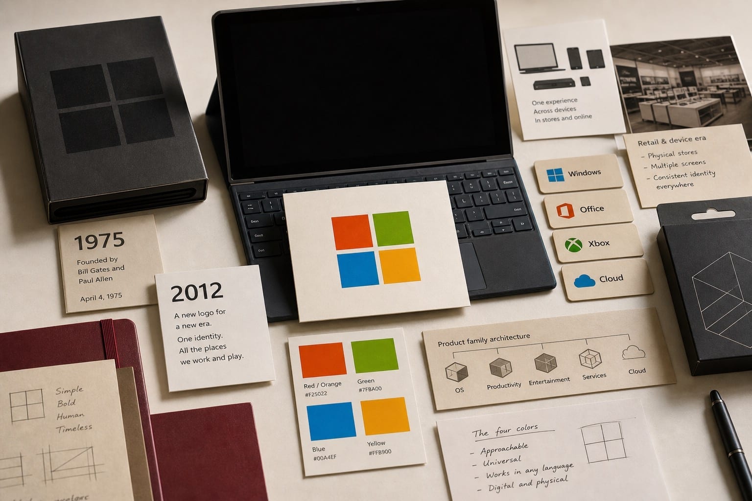 Premium editorial still-life of a Microsoft four-color window platform case with a blank device, four-color source-mark card, 1975 and 2012 cards, product family tabs, retail notes, and software boxes