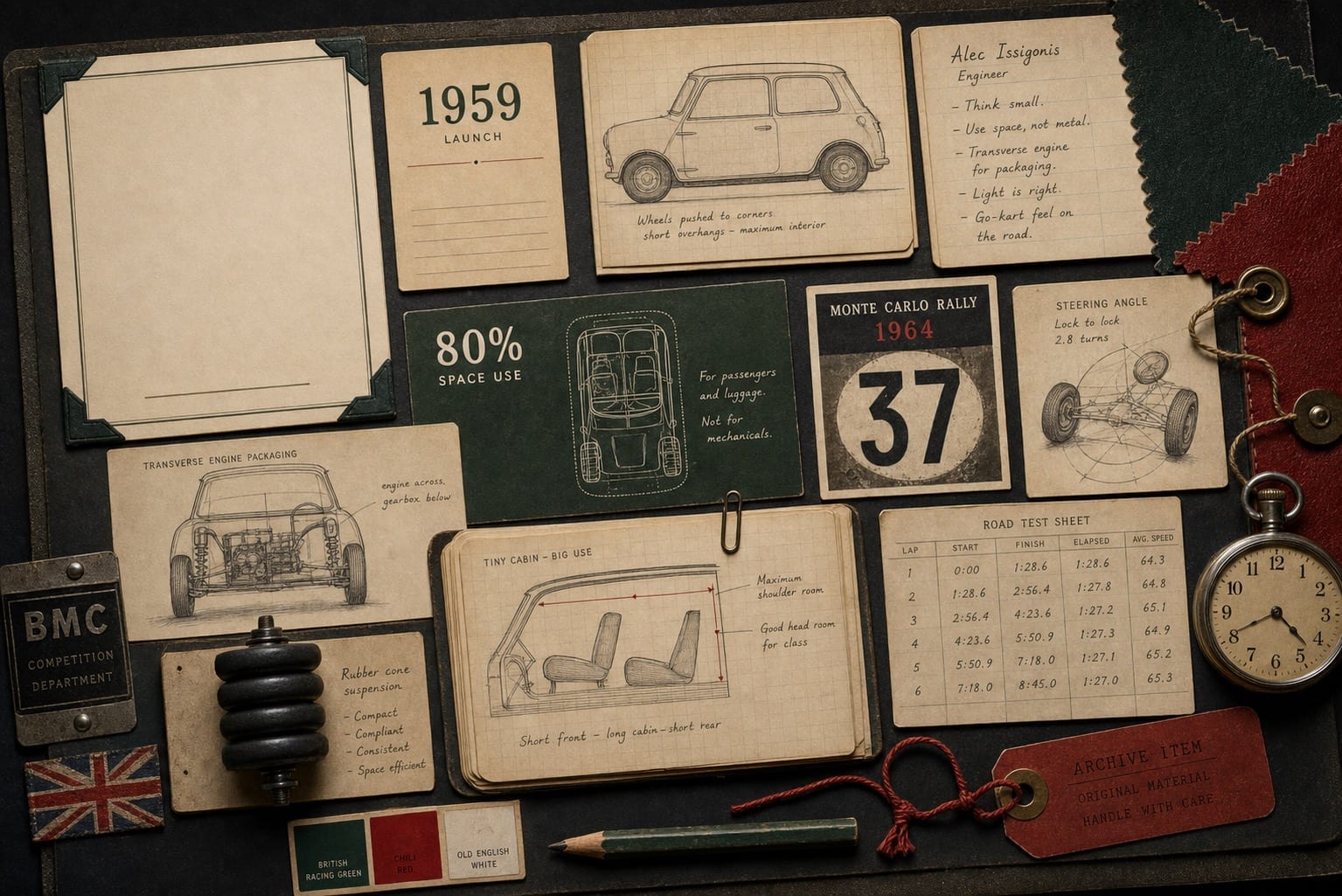 Premium editorial still-life of a MINI space-use and go-kart-feeling case with compact car silhouette, 1959 launch card, Alec Issigonis note, transverse-engine diagram, 80 percent space-use card, rubber suspension sample, Monte Carlo Rally 1964 card, steering angle diagram, cabin layout study, and road-test timing sheet