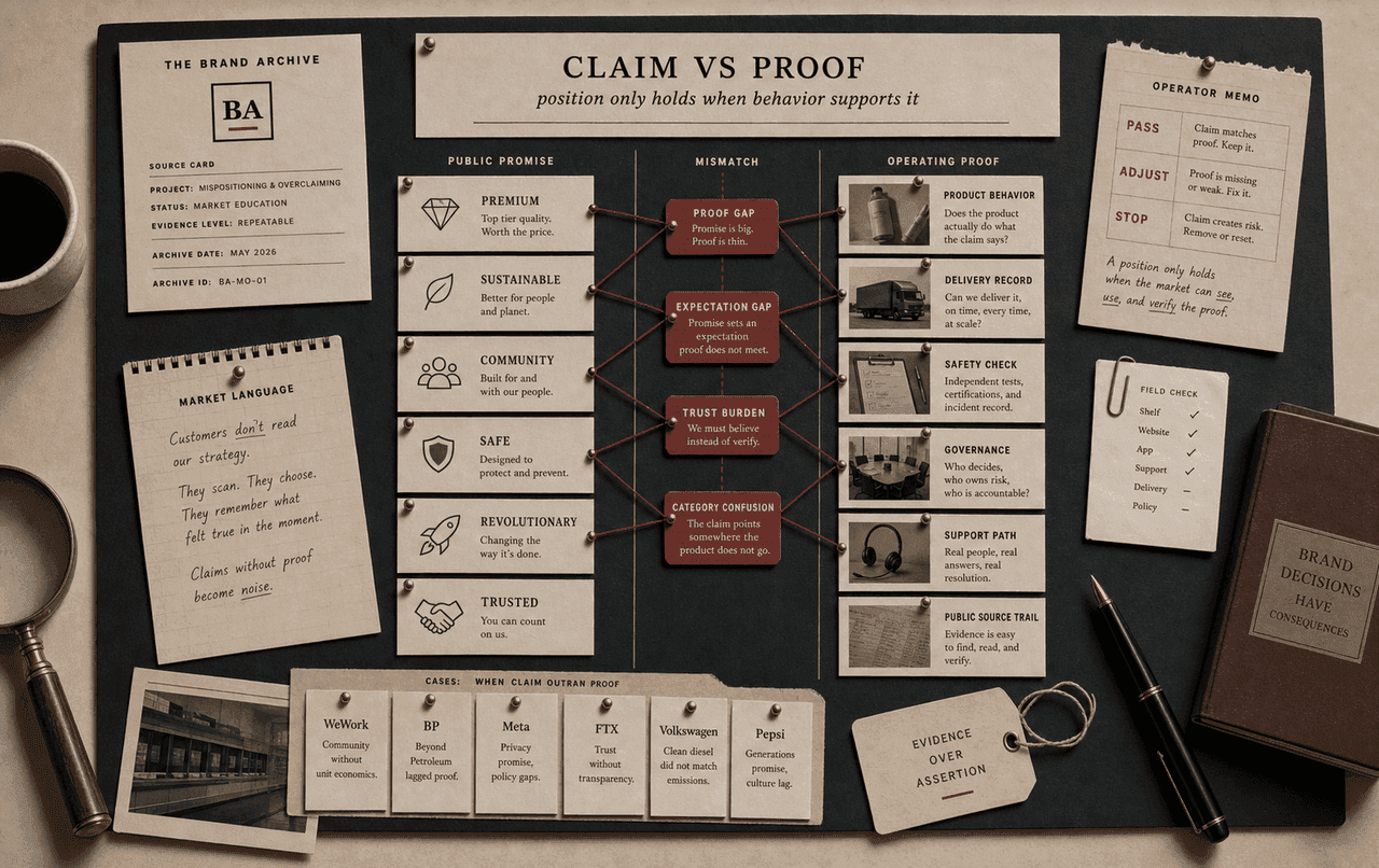 Mispositioning guide visual with audience signal, proof gap, category pressure, and claim-risk cards.
