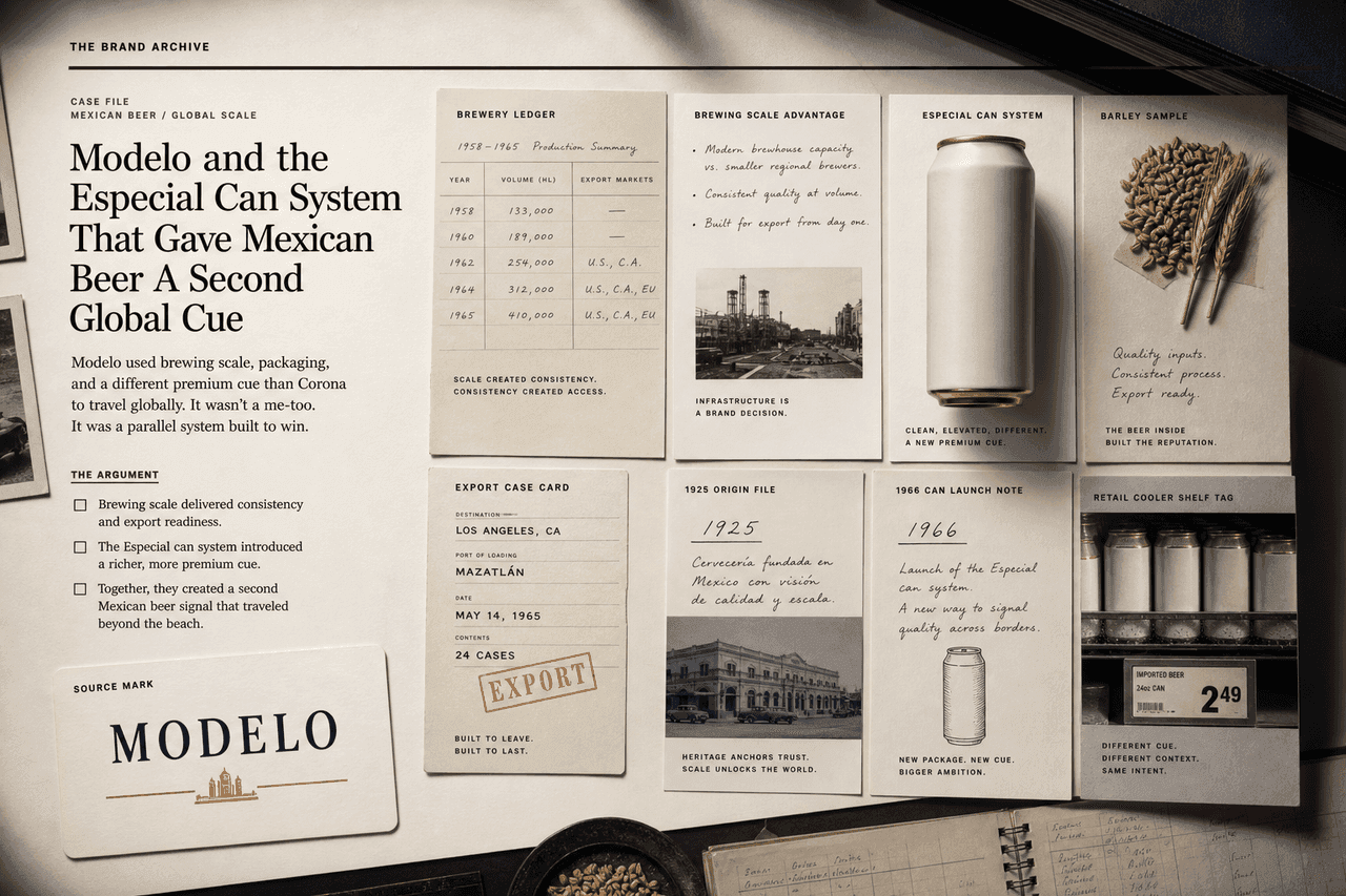 Premium editorial still-life of a Modelo Especial can system case with source-mark card, blank beer can silhouette, brewery ledger, barley sample, export case card, retail cooler tag, 1925 origin file, and 1966 can launch note