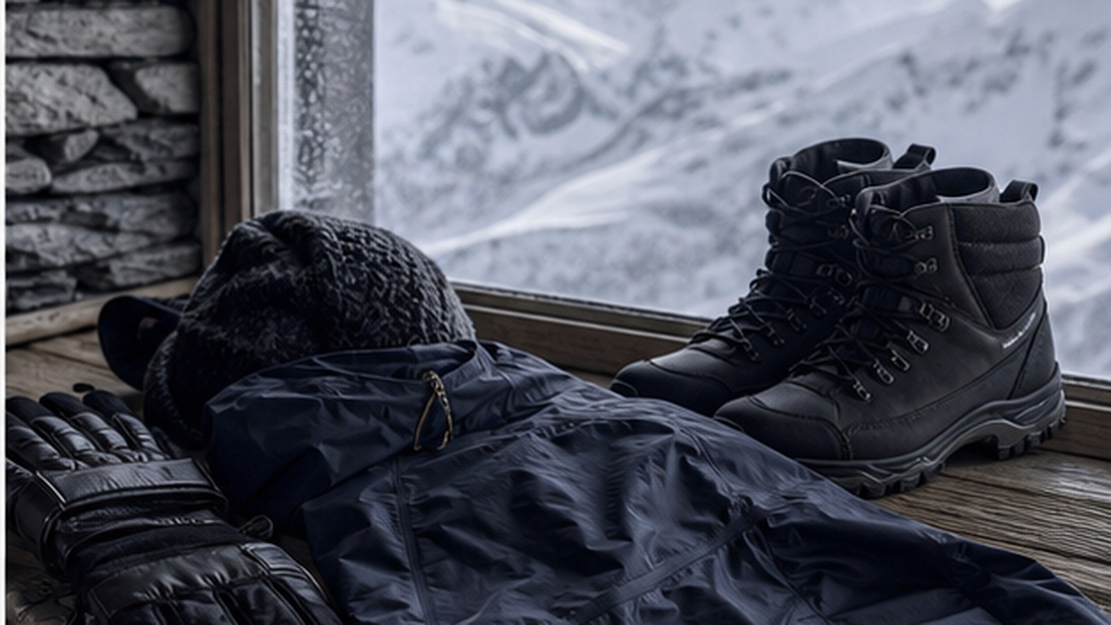 Technical cold-weather equipment arranged against a mountain setting.
