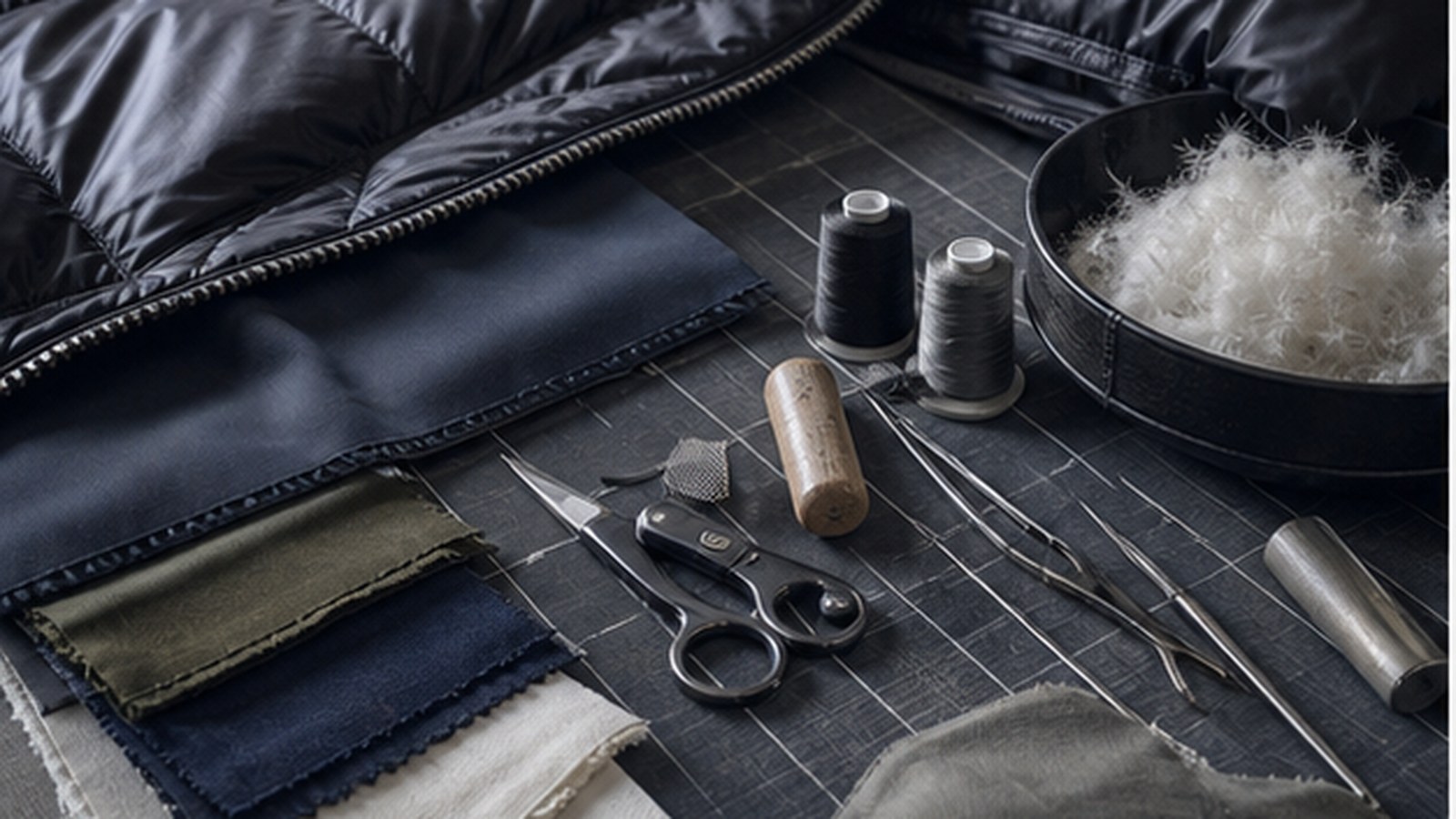 Close view of down insulation, stitching, zipper, and jacket hardware.
