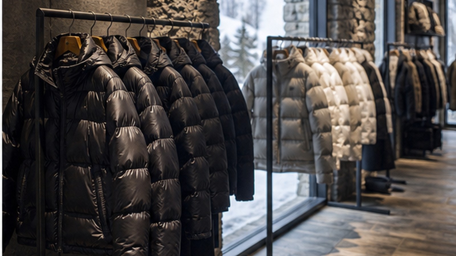 Rows of insulated down jackets displayed in a winter outerwear store.