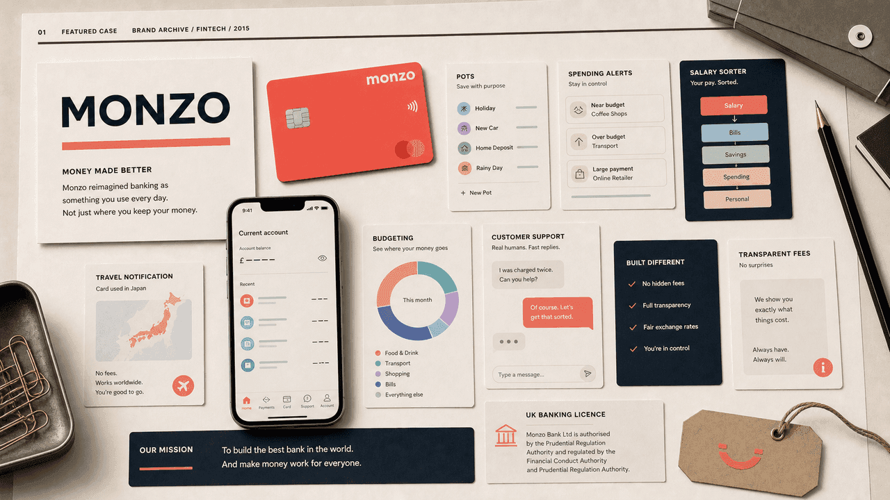 Premium editorial still-life of a Monzo app banking case with source-mark card, hot-coral card, mobile banking wireframes, pots cards, spending alerts, salary sorter, travel notification, budgeting chart, support chat card, and bank license note