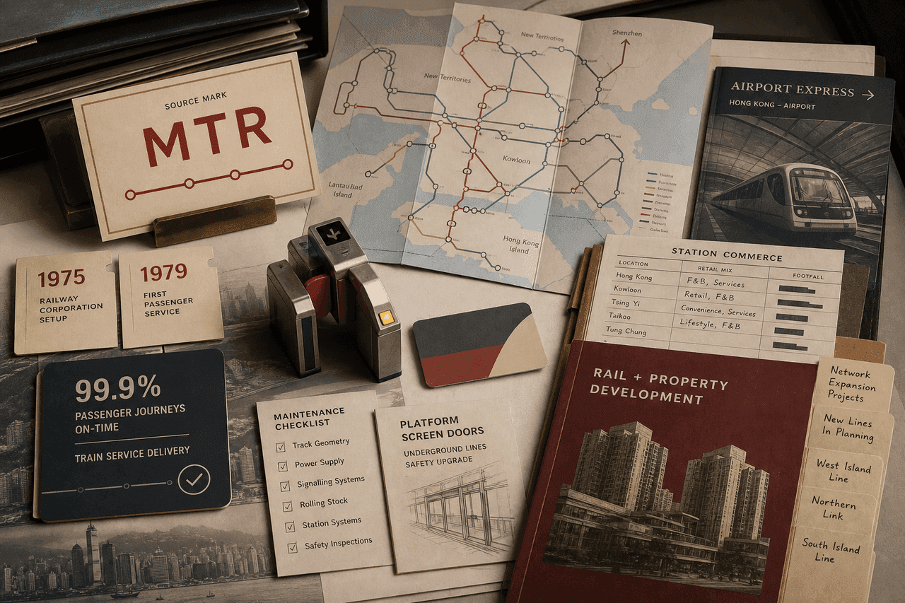 Premium AI-generated editorial table still-life for the MTR case with MTR source-card, abstract Hong Kong railway map, fare gate validator, blank transit card, 1975 setup tab, 1979 first service tab, 99.9 percent reliability card, Airport Express file, station commerce ledger, maintenance checklist, platform screen door note, rail plus property folder, and network expansion tabs