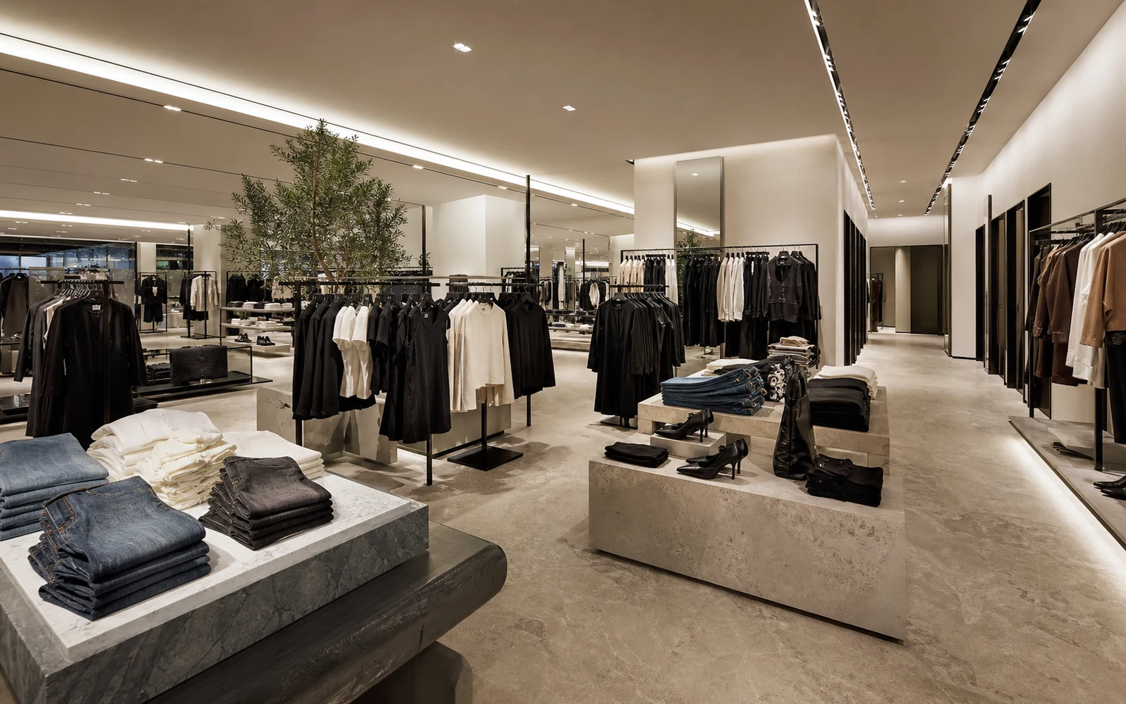 Neutral apparel retail environment with repeated materials and orderly presentation.
