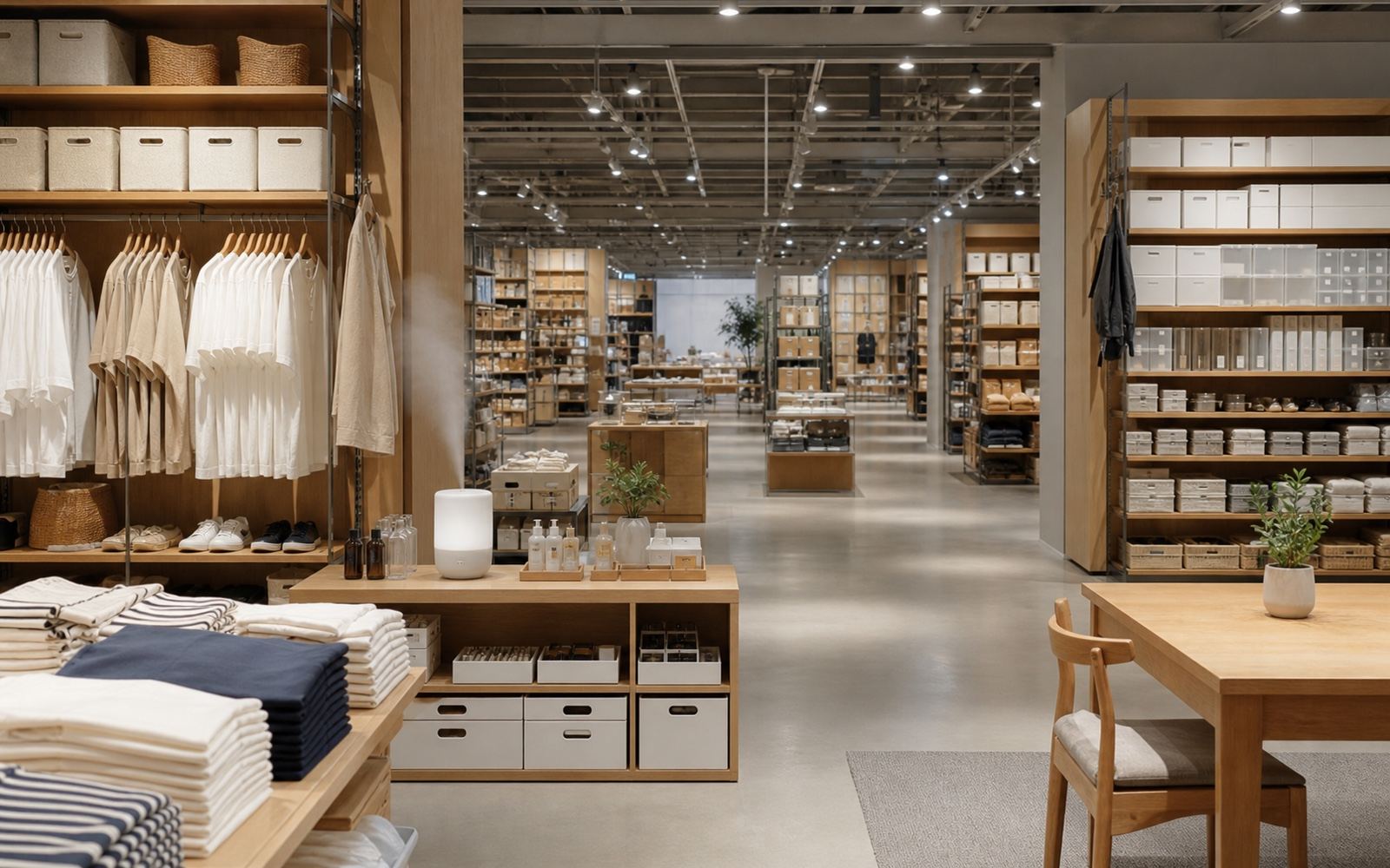 Warm MUJI-style store interior joining household objects, apparel and natural materials in one restrained retail system.