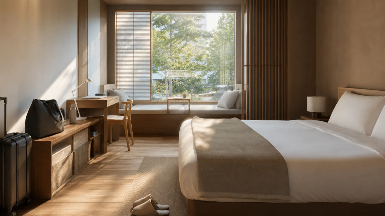 Quiet Japanese-style hotel room with pale oak furniture, modular storage, travel bags and restrained natural materials.