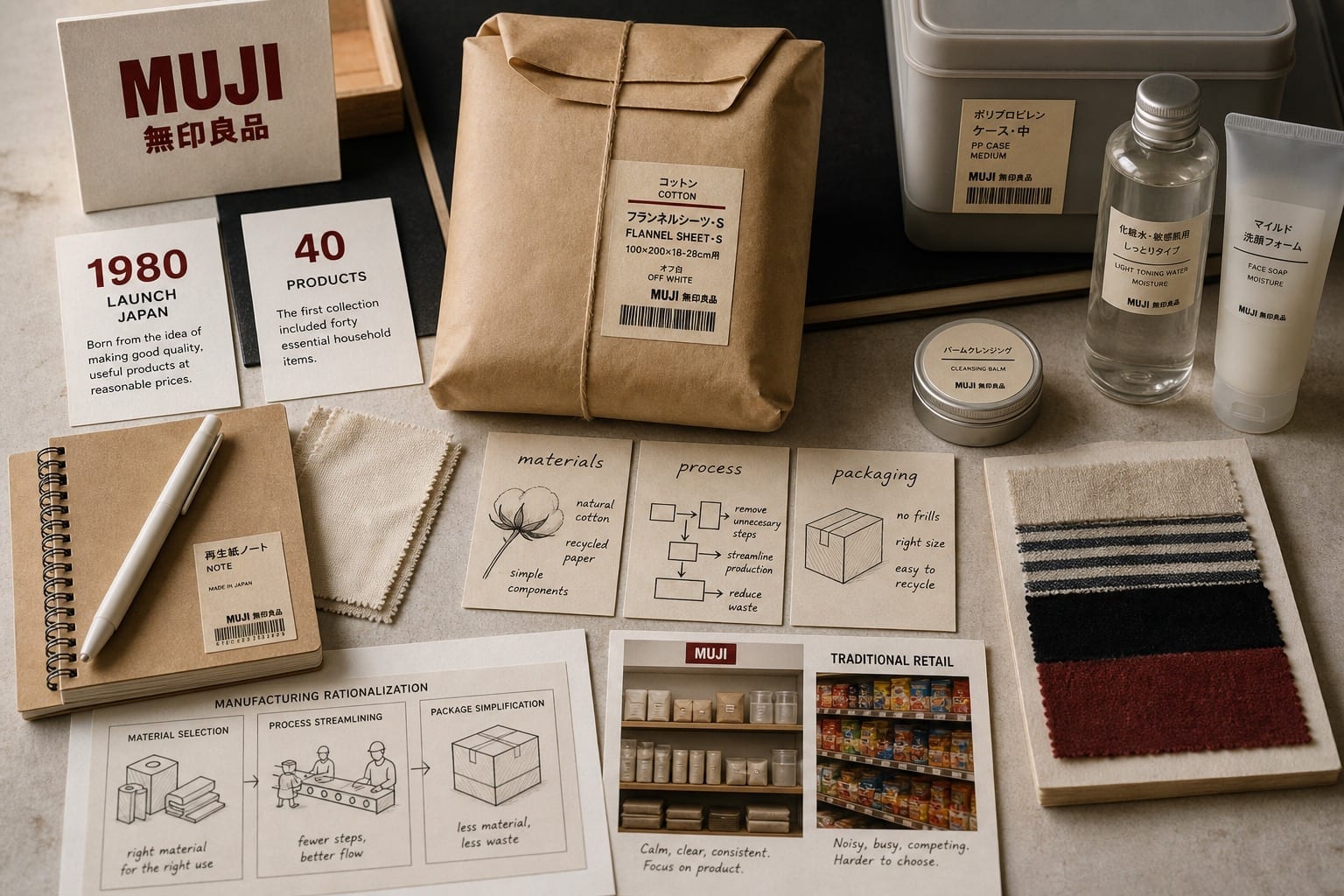 Premium editorial still-life of a MUJI no-brand quality retail case with plain packaging, red source-mark card, fabric swatches, 1980 card, 40-products card, and material process packaging notes