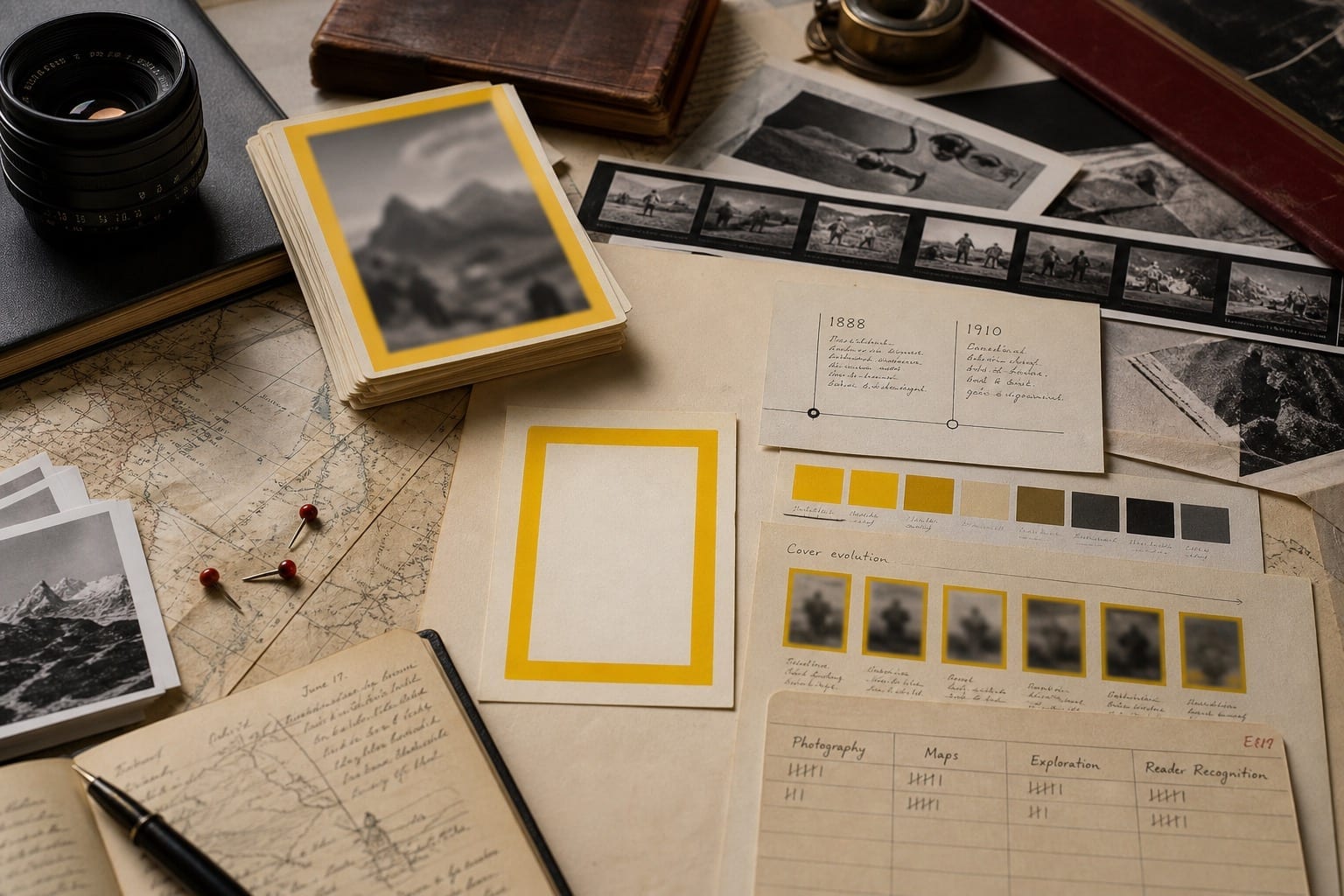 Premium editorial still-life of a National Geographic yellow frame recognition case with a blank yellow-frame card, field map, camera lens, expedition notebook, photo strips, color swatches, and cover study notes