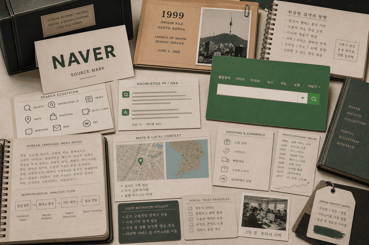 Premium editorial still-life of a Naver green search portal case with source-mark card, search cards, knowledge answer tiles, map pin, shopping tab cards, news stack, creator note, and payment token