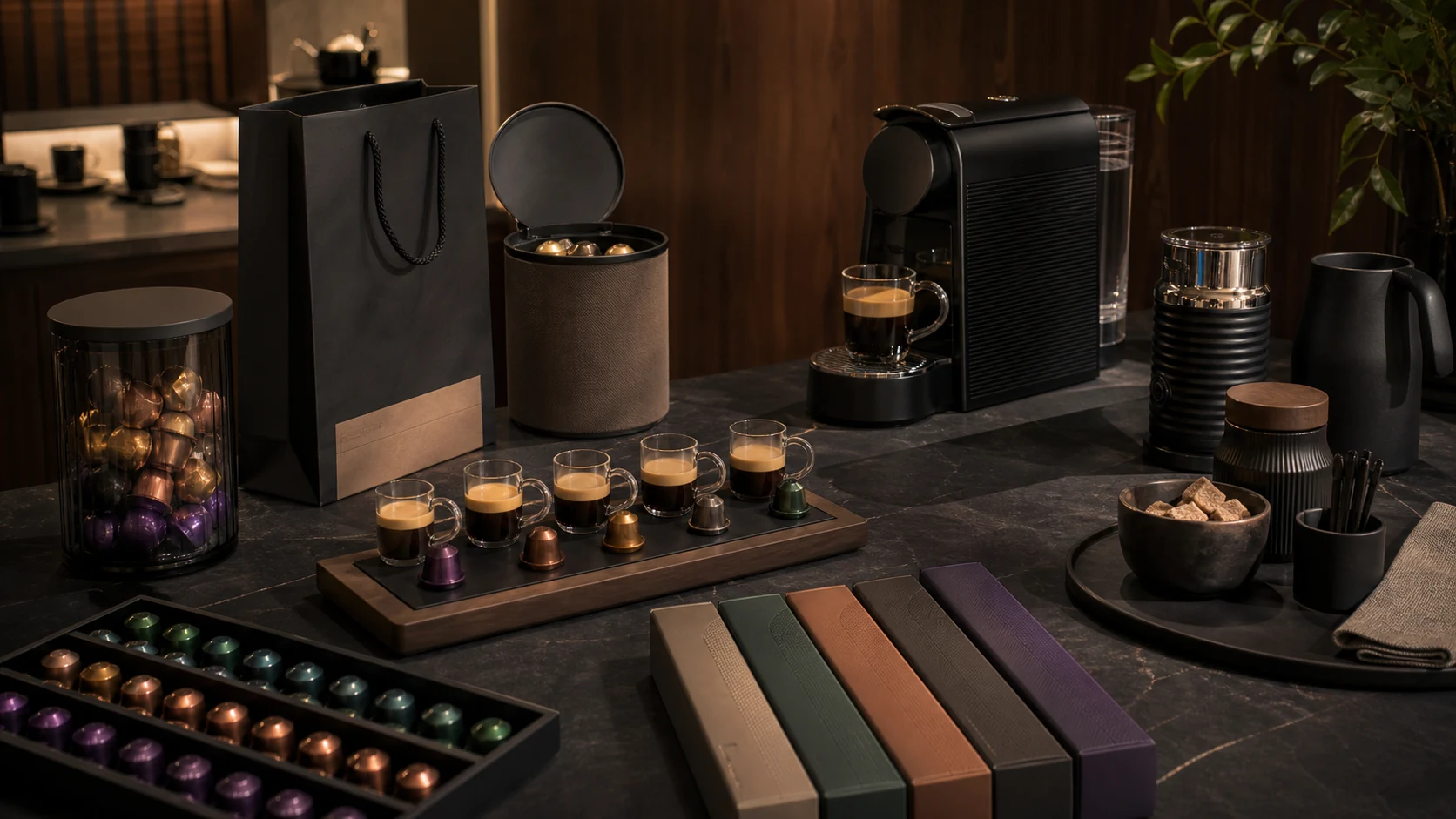Nespresso-style boutique coffee service scene with capsules, tasting cups, machine detail, return bag, and recycling container cue, with no logos or lettering.