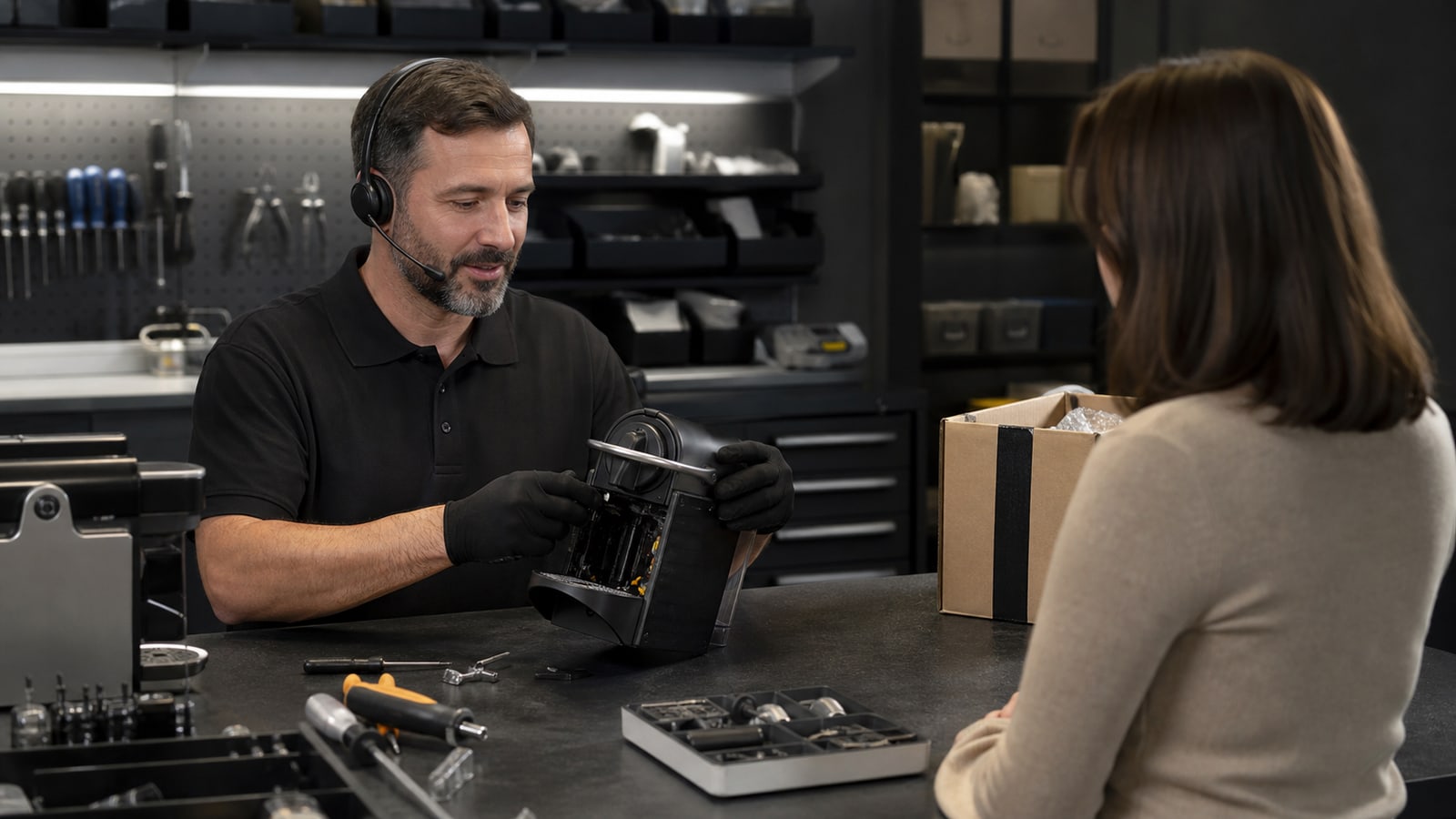 A trained specialist repairs a capsule coffee machine while assisting a customer in a service workshop.