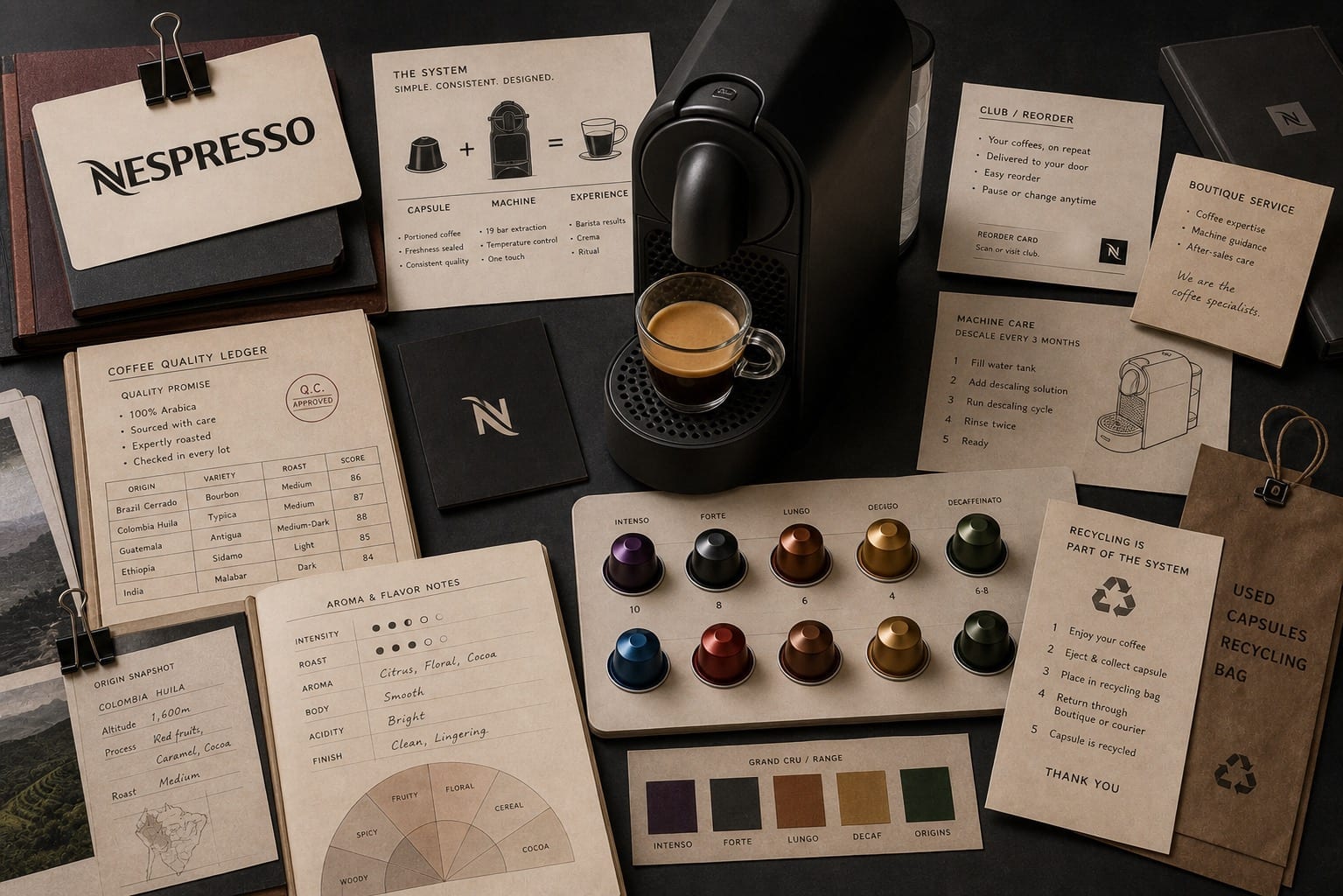 Premium editorial still-life of a Nespresso capsule coffee system case with a Nespresso source-mark card, central compact coffee machine, espresso cup, metallic capsule array, flavor notes, quality ledger, origin card, club reorder card, boutique service note, recycling bag, and maintenance checklist