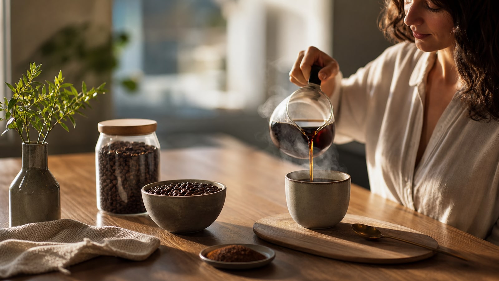 A person pours fresh coffee in a warm home morning ritual with beans and reusable storage.