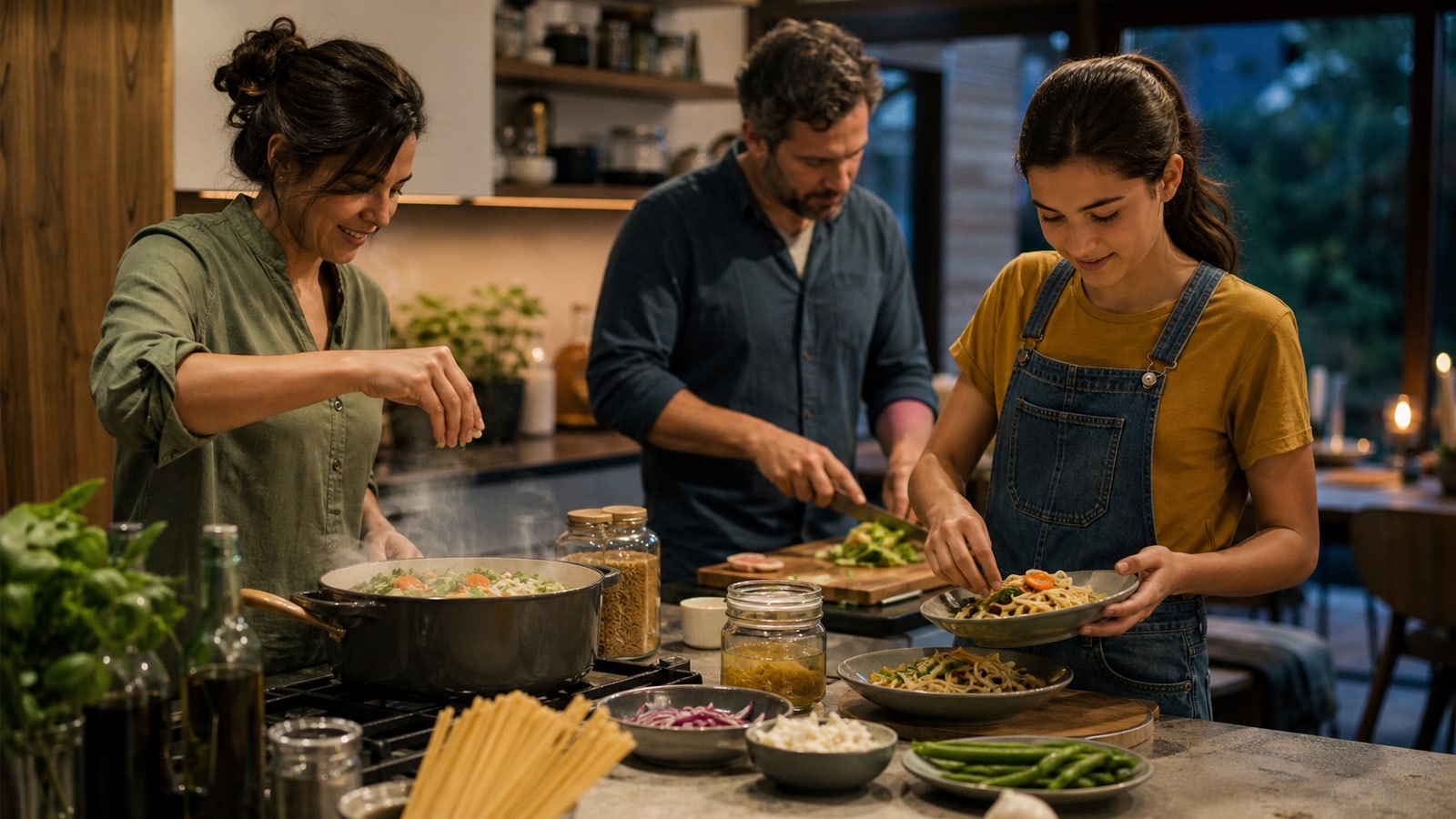 A family cooks and plates a vegetable-rich evening meal together in a home kitchen.