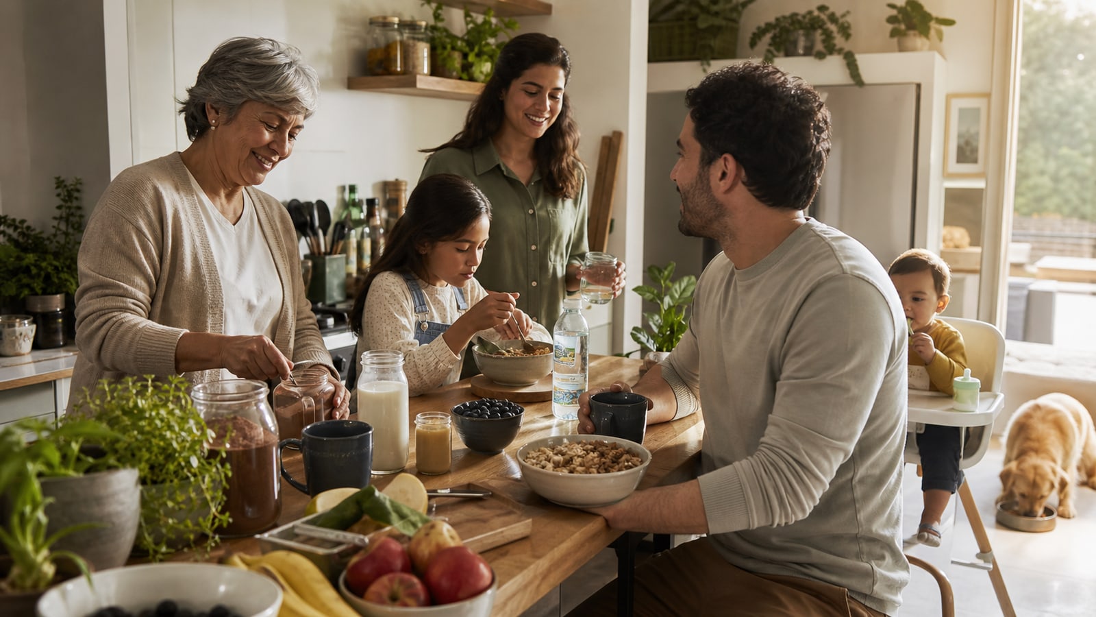 A multigenerational family breakfast connects food, drink, nutrition, and pet care in one believable daily Nestlé portfolio scene.