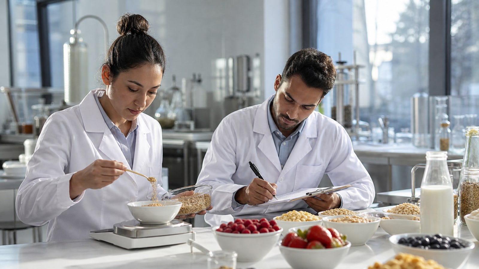 Food scientists evaluate cereal, fruit, and dairy ingredients in a bright research kitchen.