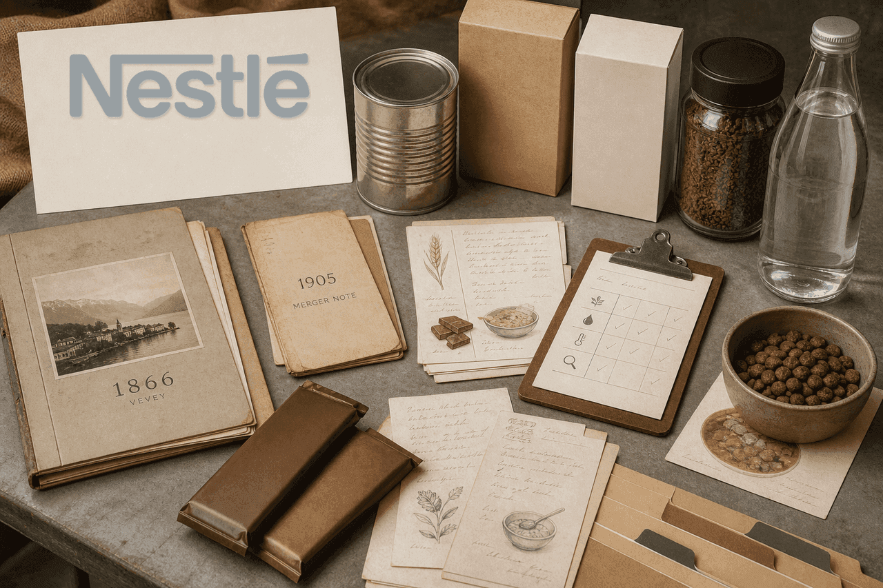Premium editorial still-life of a Nestle nutrition portfolio case with Nestle source-mark card, 1866 origin folder, 1905 merger note, unlabeled milk tin, plain cereal boxes, chocolate wrapper silhouettes, coffee jar, water bottle, pet-food bowl card, quality checklist, recipe cards, and portfolio tabs