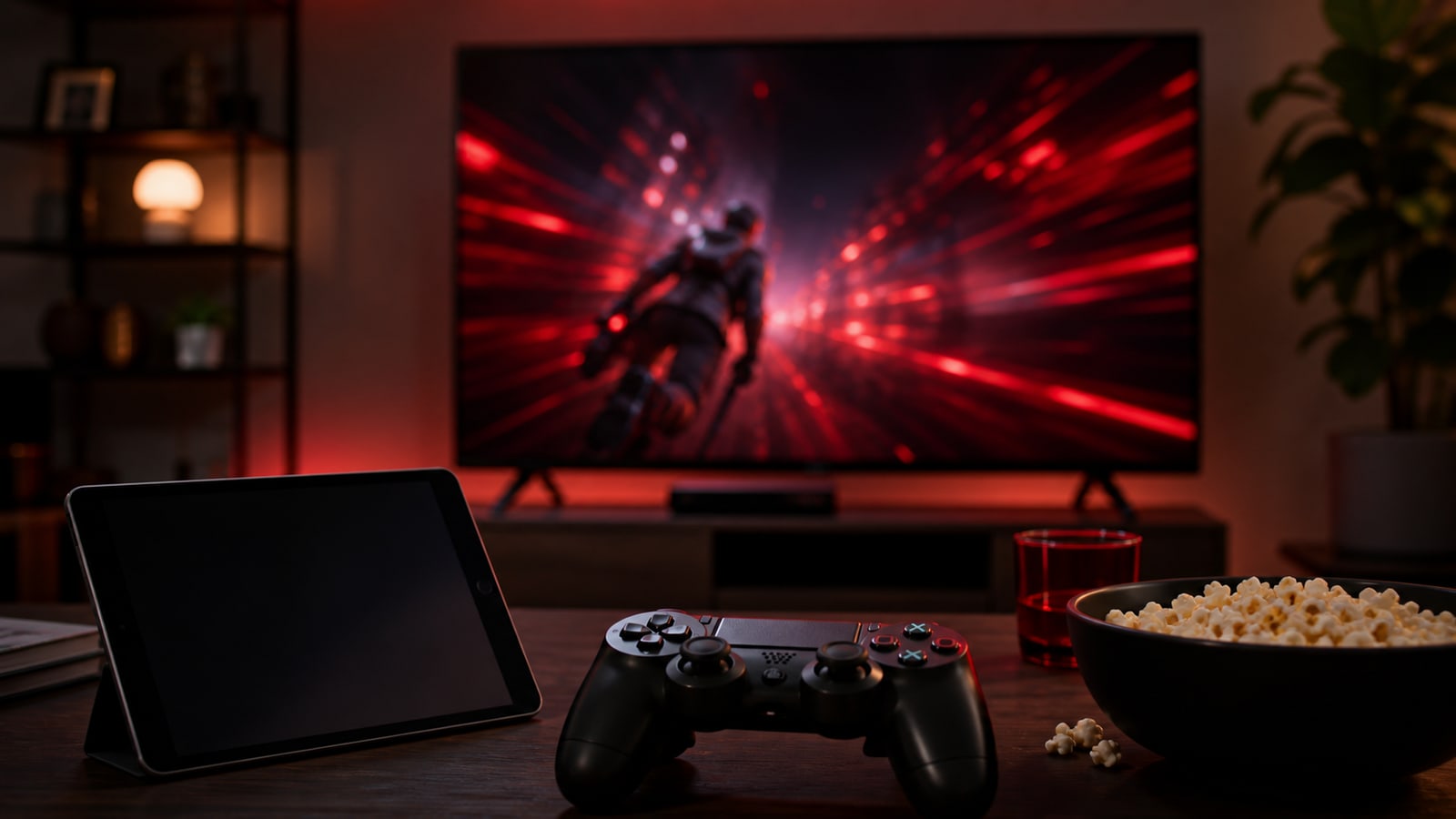Game controller and TV with abstract red-black game motion.