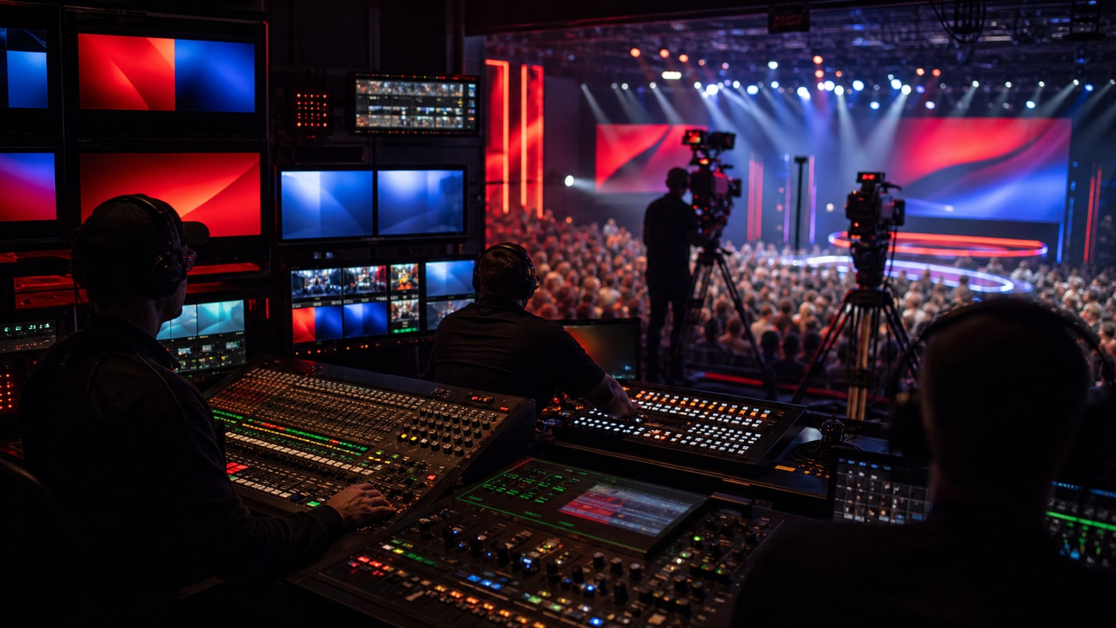 Live broadcast control room with cameras and production switcher.
