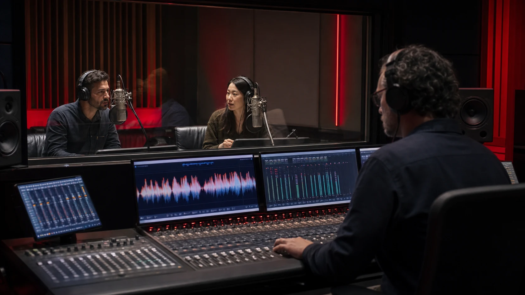 Voice actors and an audio engineer working inside a professional dubbing and localization studio with red-black cinematic lighting.