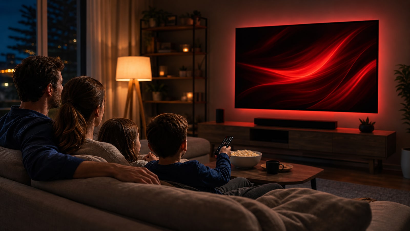 Family watching abstract red-and-black streaming entertainment at home.