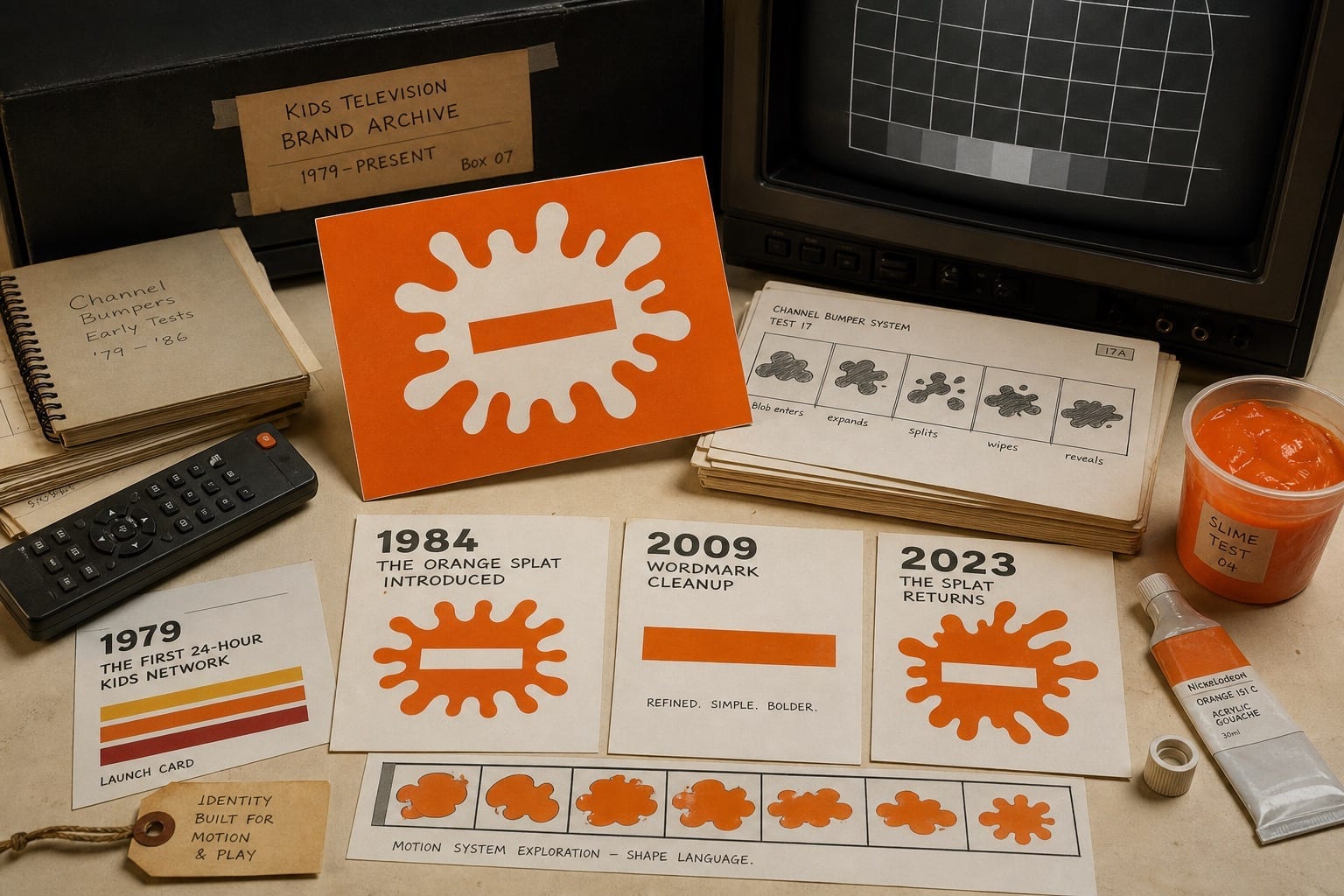 Premium editorial still-life of a Nickelodeon orange splat kids TV case with a CRT test screen, orange splat source-mark card, remote, slime cup, bumper storyboard strips, and 1979 1984 2009 2023 cards