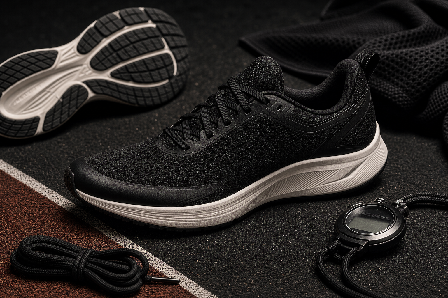 Photorealistic editorial still life of an unbranded black-and-white running shoe, outsole, track surface, laces, mesh, and stopwatch.