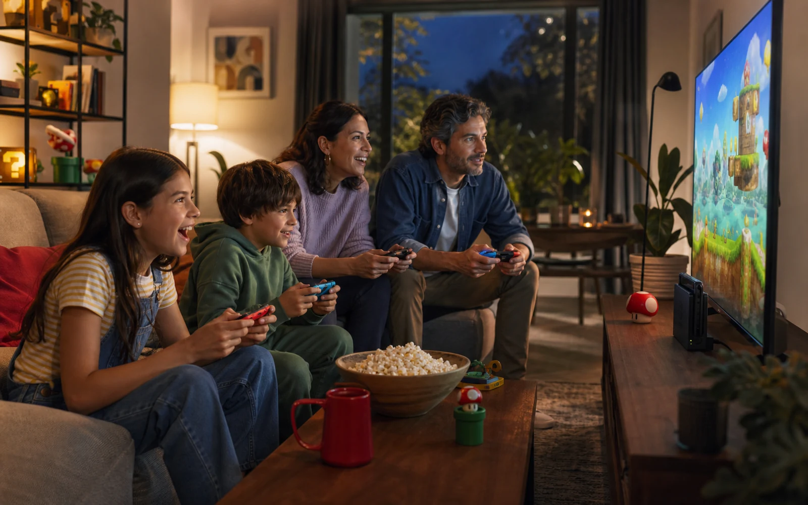 Family sharing living-room console play across generations.