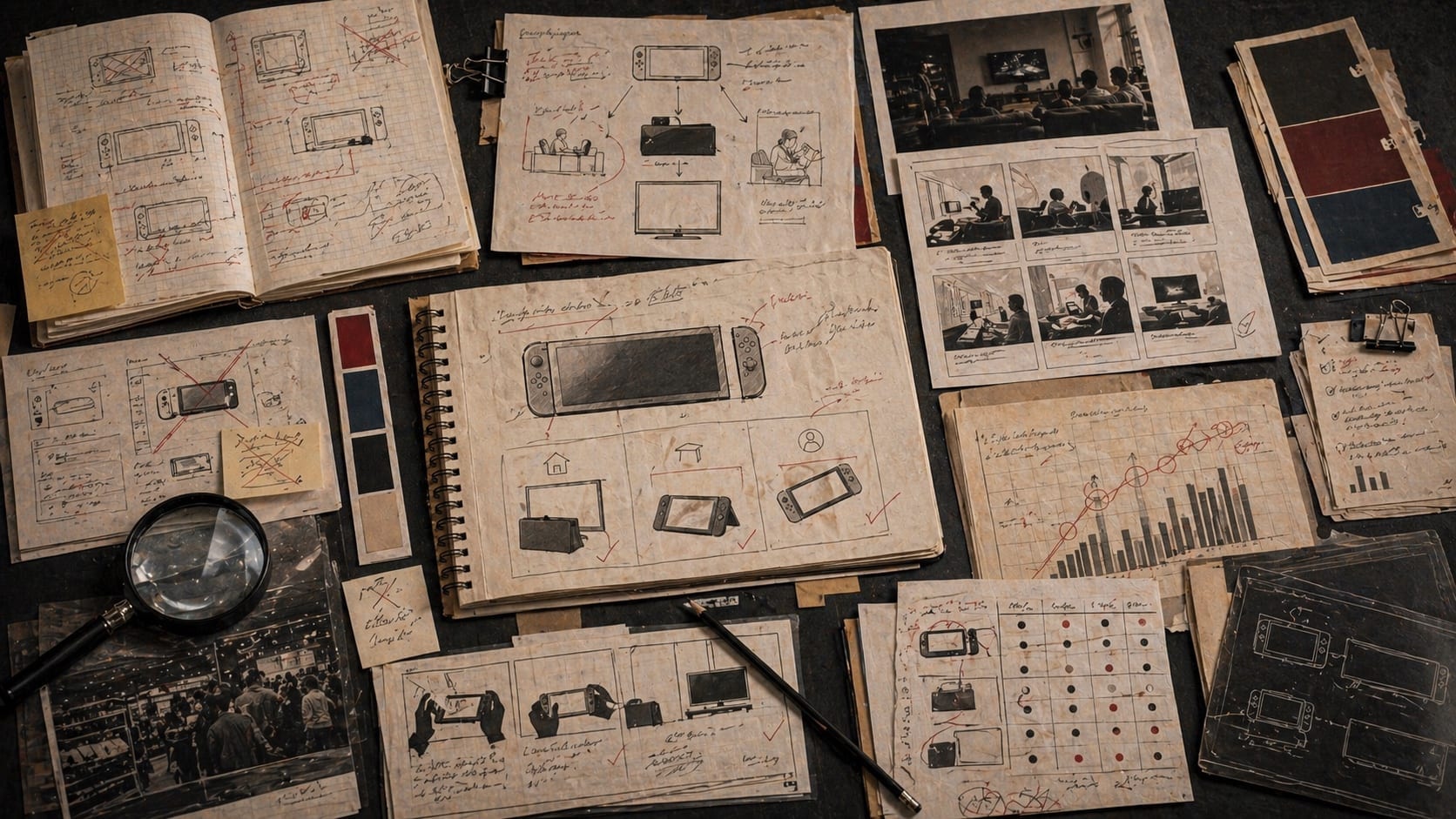 Editorial editorial table with generic hybrid gaming system diagrams, product-clarity notes, use-case storyboards, and sales evidence