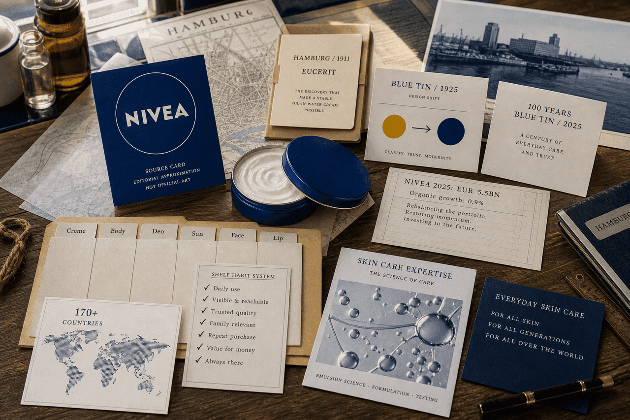 Premium editorial still-life of a NIVEA blue-tin skin care trust system with source card, generic blue cream tin, Hamburg 1911 folder, Eucerit note, blue tin 1925 card, 2025 centenary card, category tabs, world card, shelf habit checklist, and skin care research card