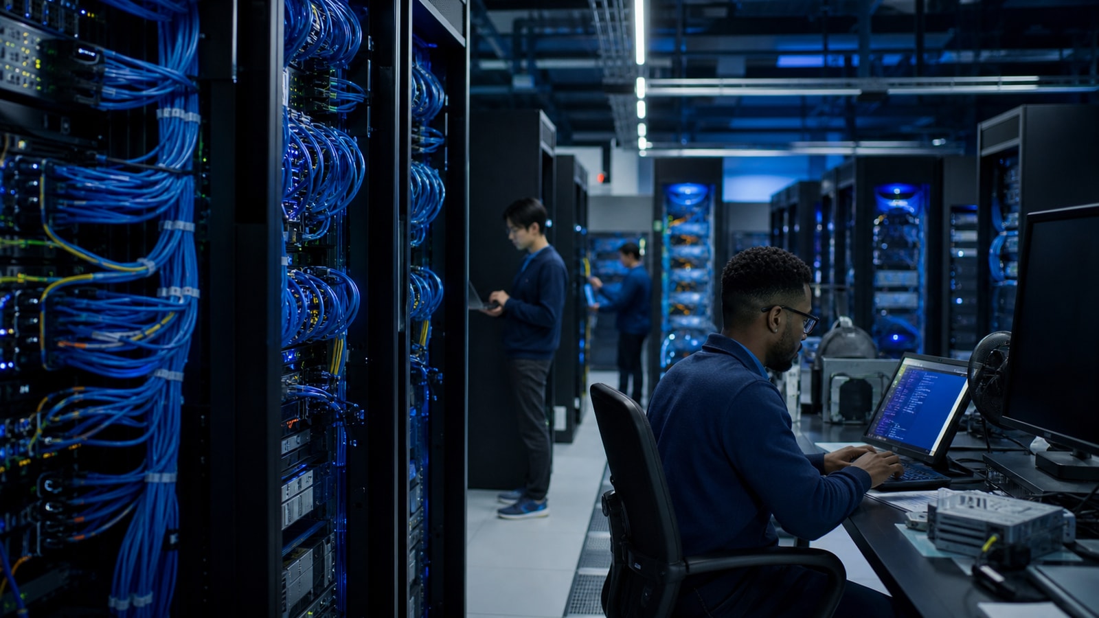 High-capacity data-center network room with optical fiber, router racks, and engineers.