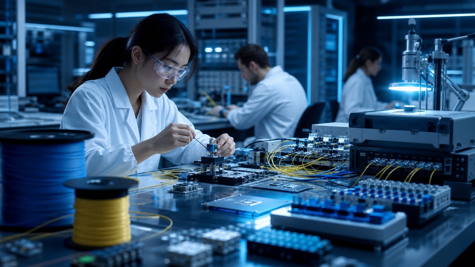Optical communications laboratory with fiber equipment and blue light.