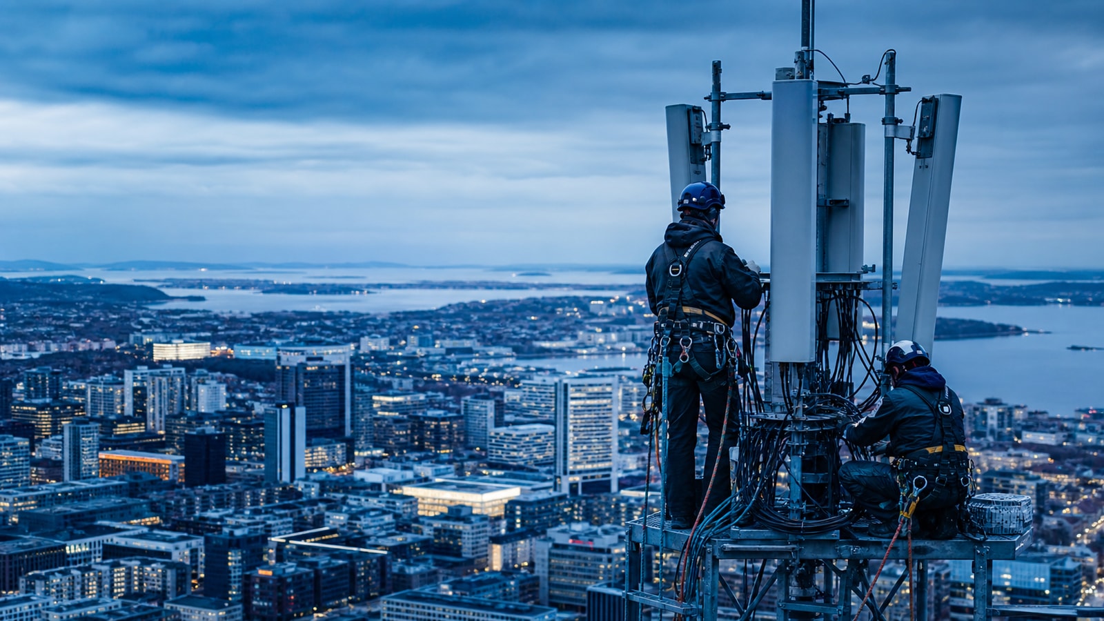 Urban telecommunications antenna installation with technicians and blue evening light.