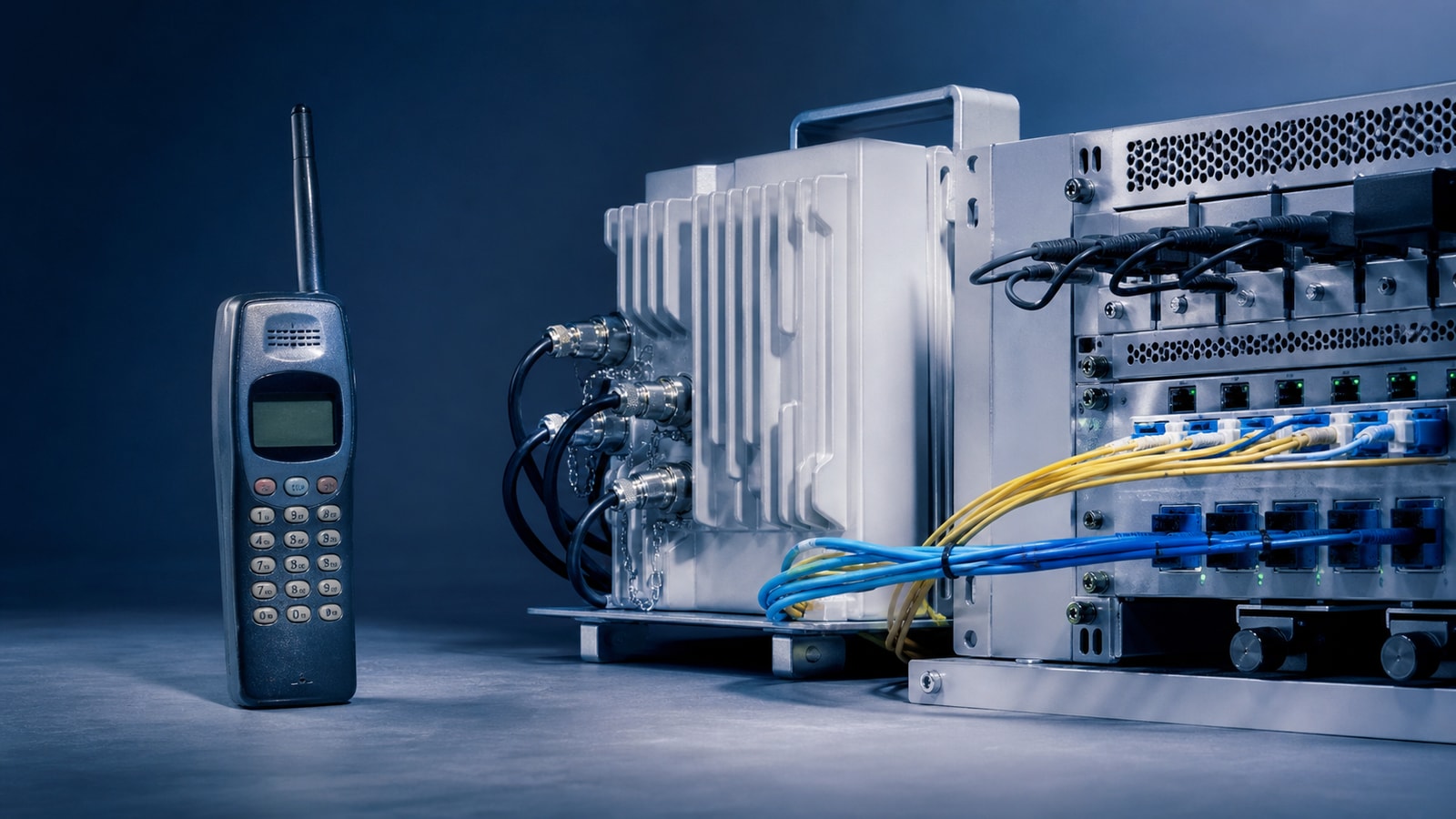 A durable early mobile phone beside modern telecommunications rack equipment.