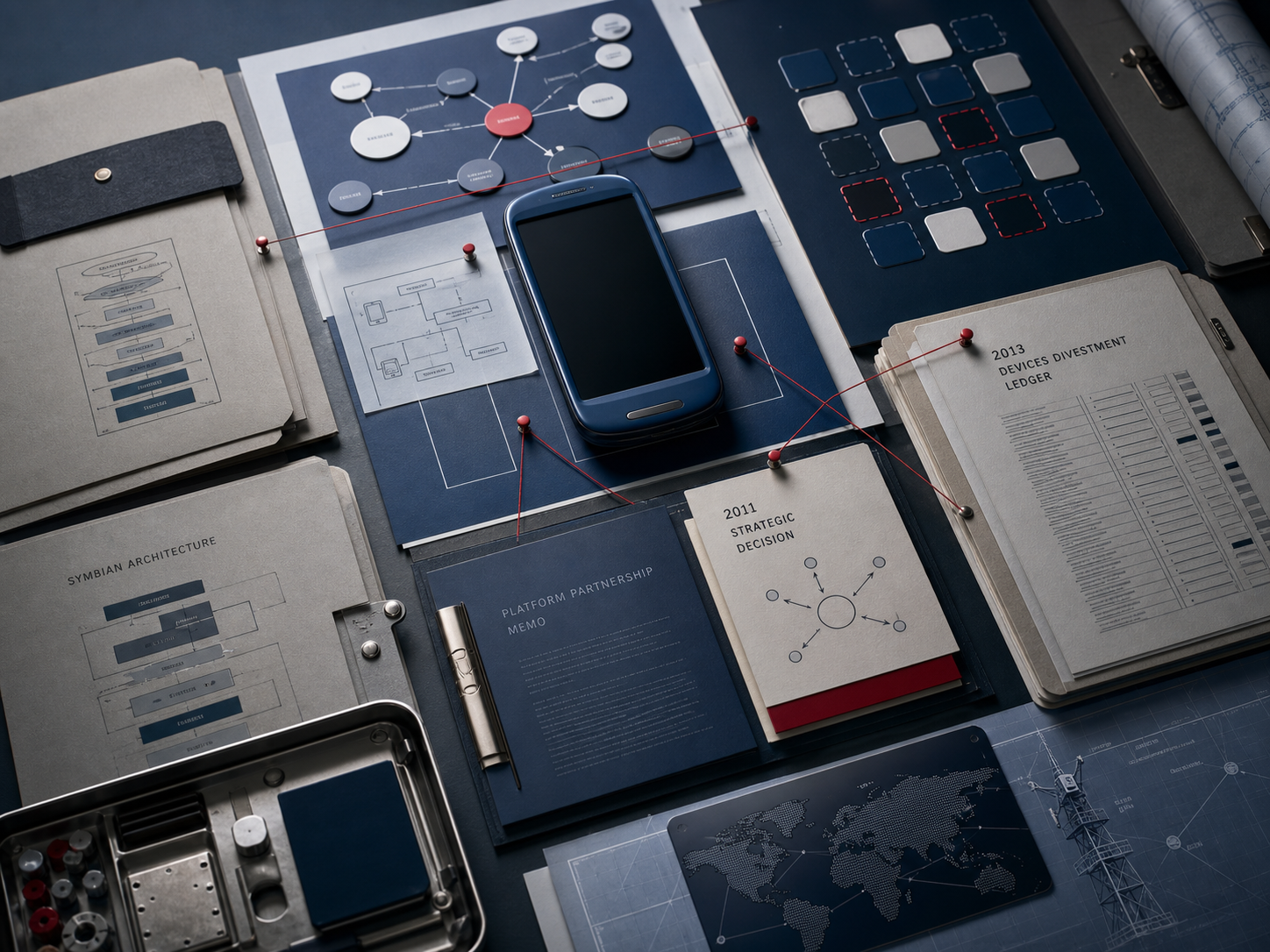 Premium editorial still-life of a Nokia smartphone platform collapse case with blank blue phone silhouette, Symbian architecture folder, platform partnership memo, missing app-grid tiles, 2011 decision card, 2013 devices-sale ledger, and network infrastructure blueprint