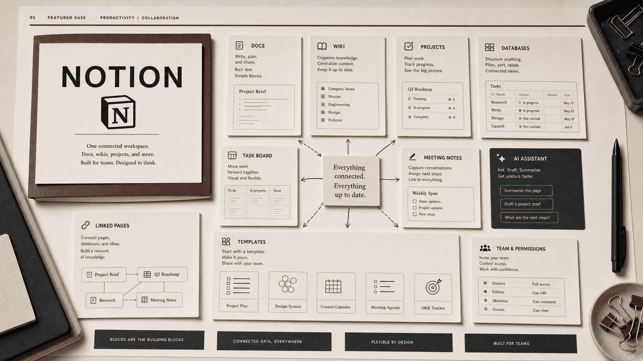 Premium editorial still-life of a Notion connected workspace case with source-mark card, modular paper blocks, docs, wiki, project board, database table, meeting notes, template cards, and linked-page arrows