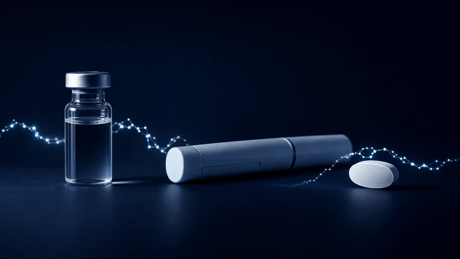 A declared conceptual still life linking a medicine vial, injection format and oral tablet with a peptide trace.