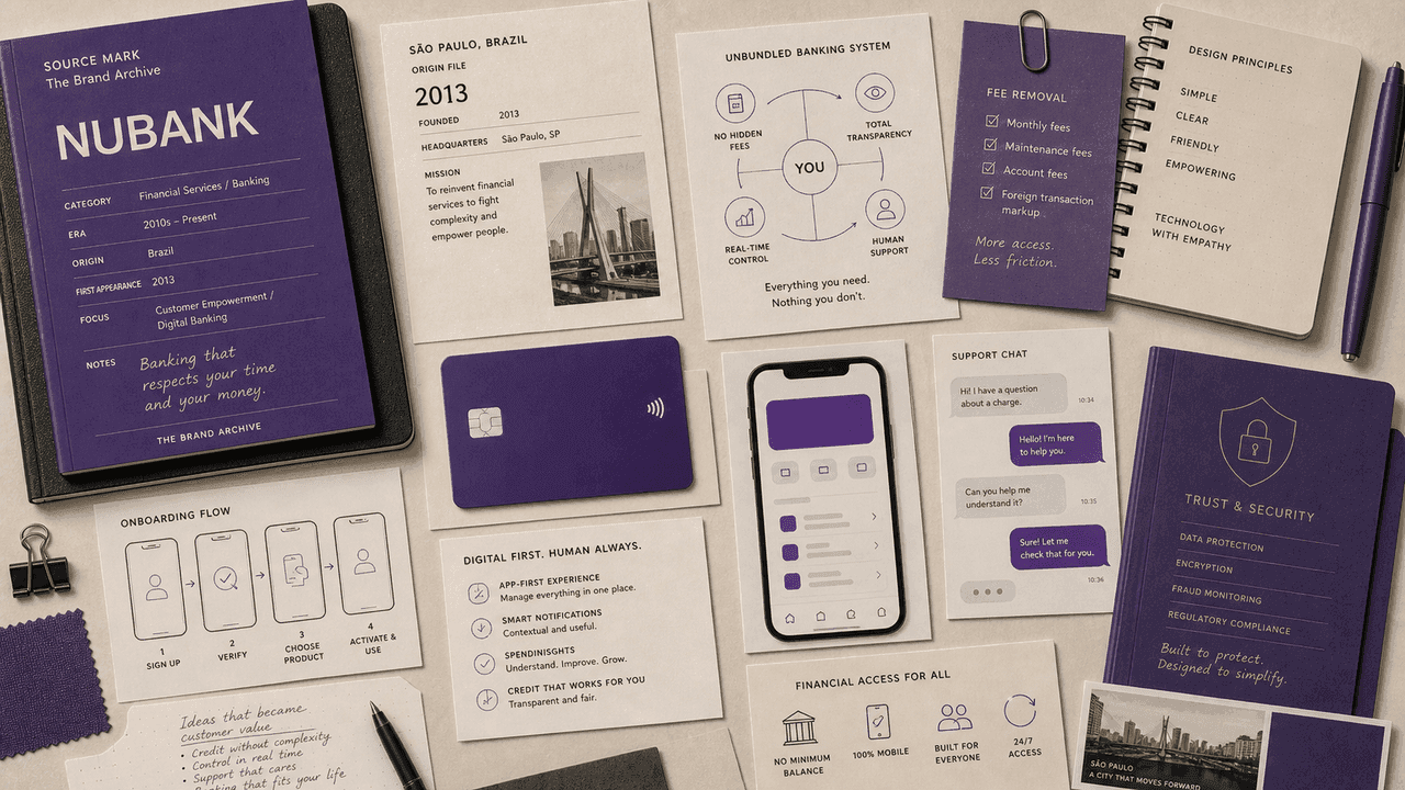 Premium editorial still-life of a Nubank purple app banking case with source-mark card, purple credit card, blank mobile banking screen, Sao Paulo 2013 origin file, fee-removal note, support chat card, onboarding flow, and trust folder
